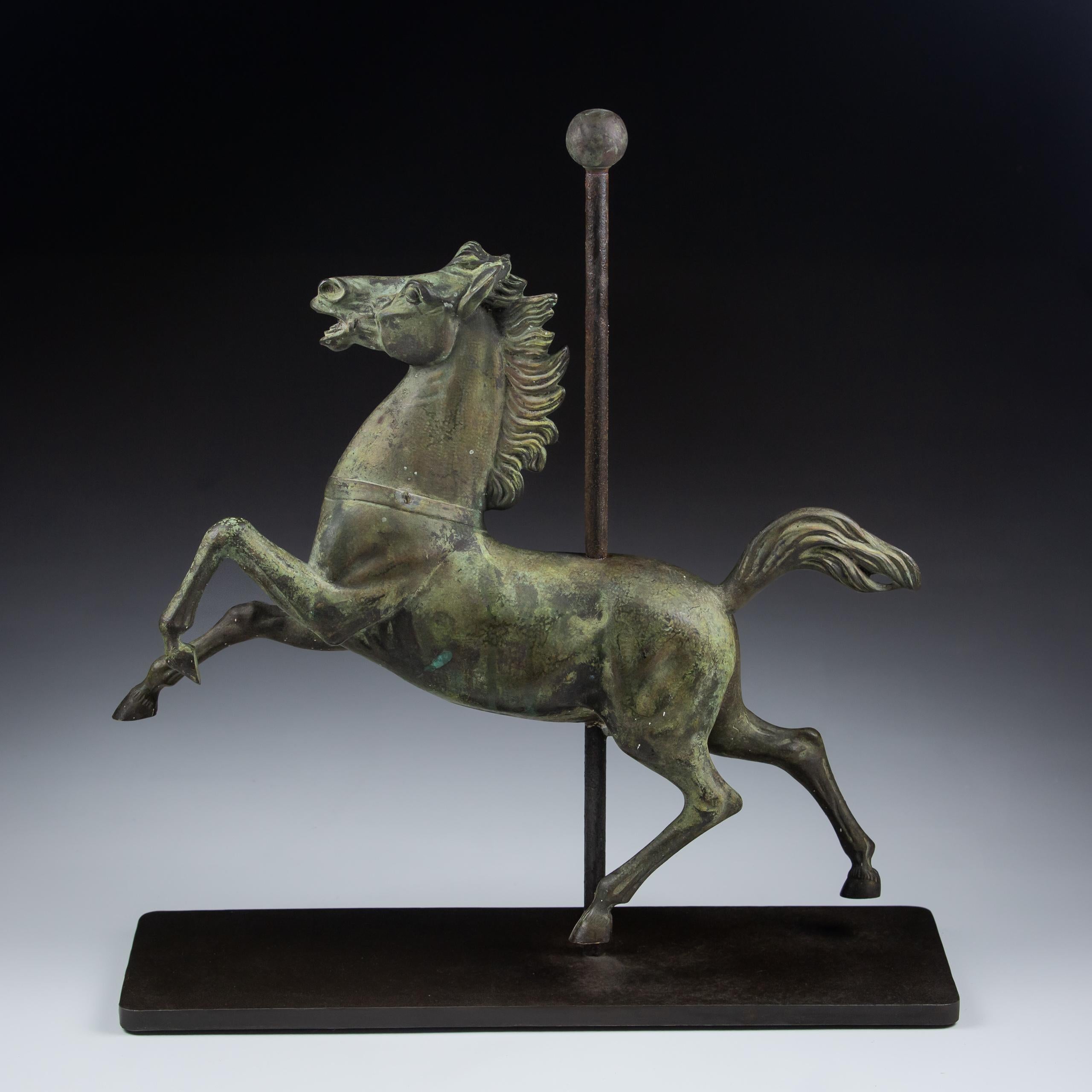 Epi de faitage or finial by repute from one of the grandest equestrian houses stable blocks in Deauville, France. Clean and crisp casting with an extraordinary movement through the piece. Bronze, with natural verdigris patina, remnant
