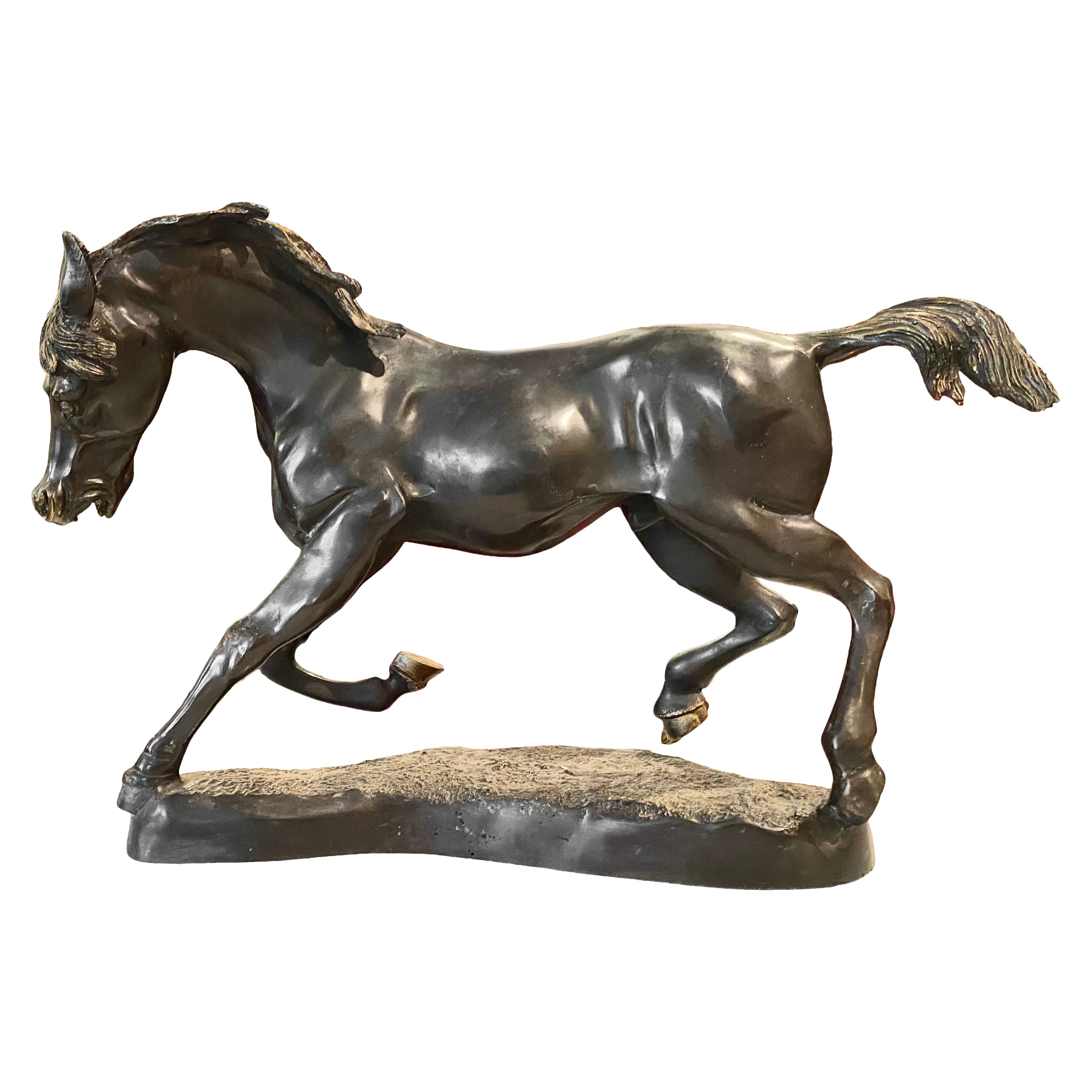 French Large Bronze Horse Sculpture on Bronze Base