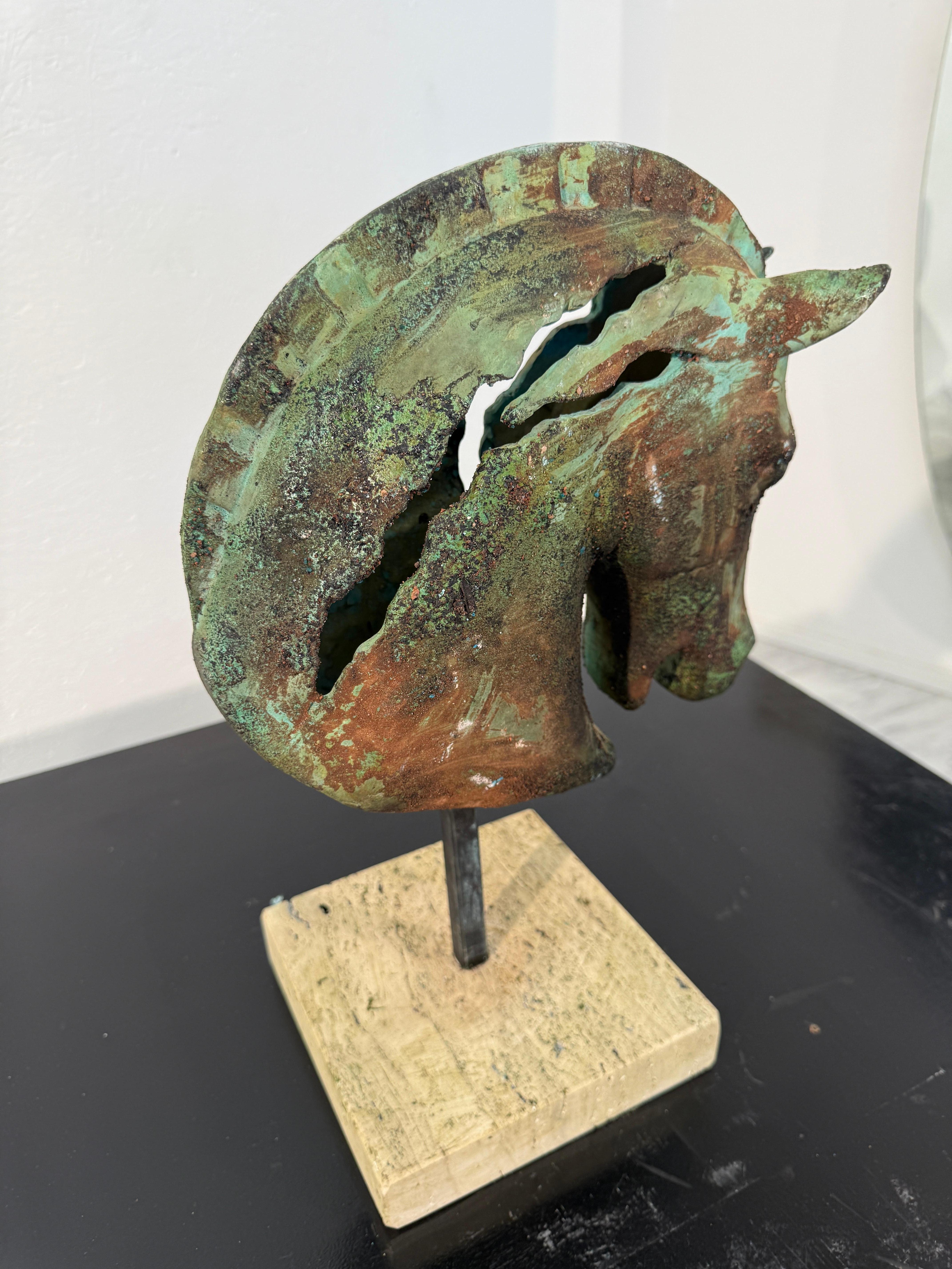 Modern Bronze Horse Head Sculpture on Travertine Base For Sale
