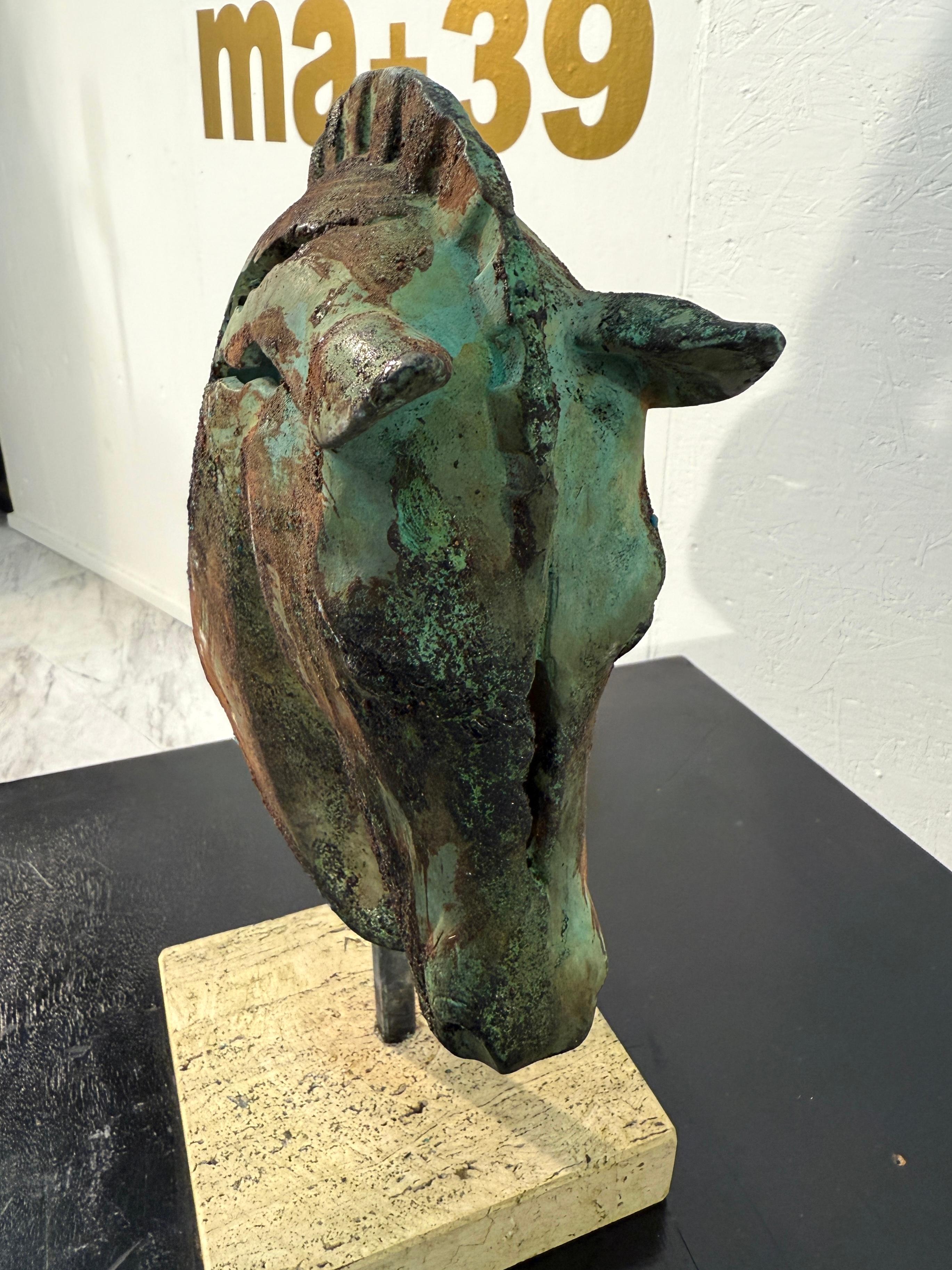 Italian Bronze Horse Head Sculpture on Travertine Base For Sale