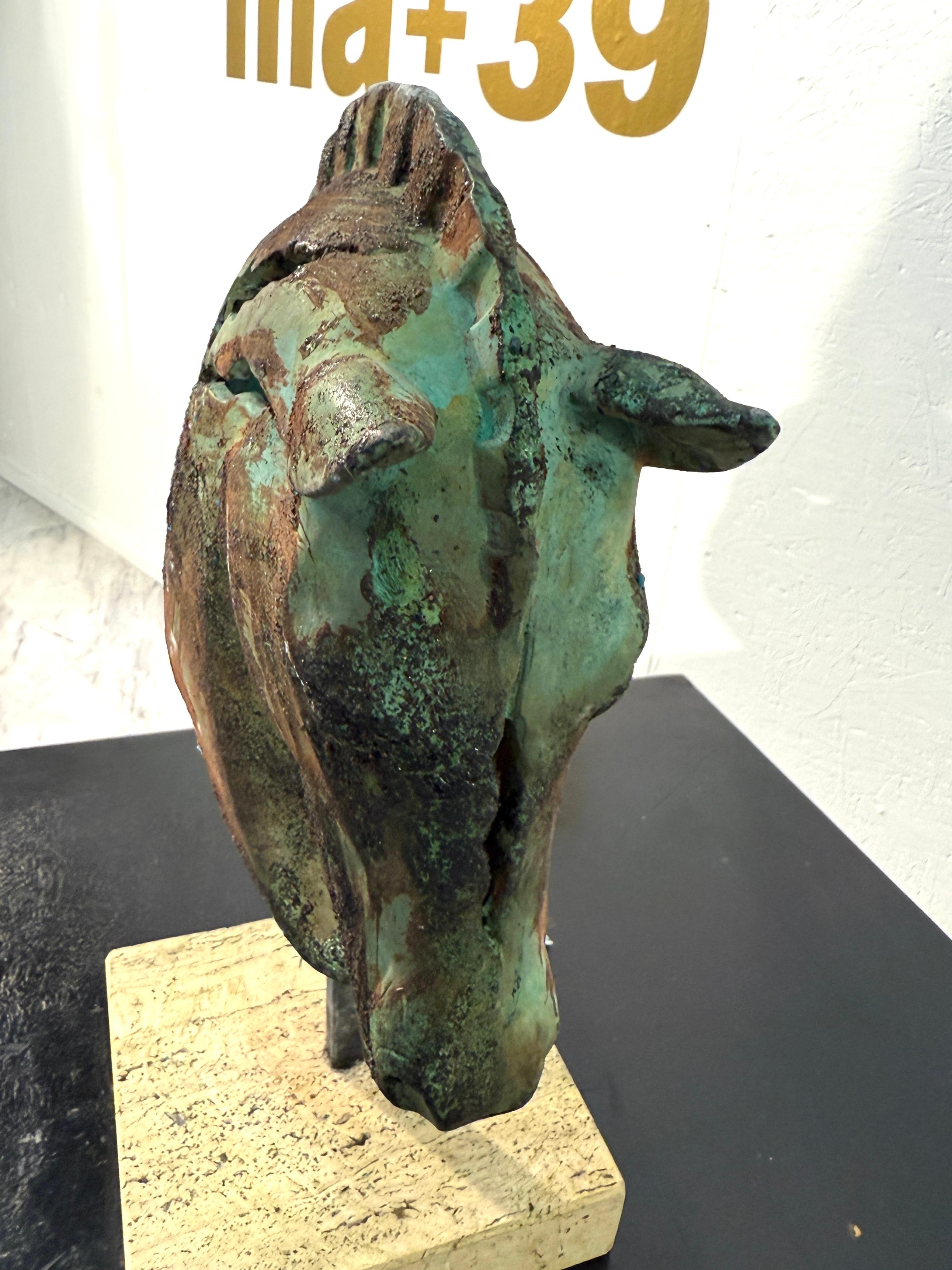 Bronze Horse Head Sculpture on Travertine Base In Good Condition For Sale In Los Angeles, CA