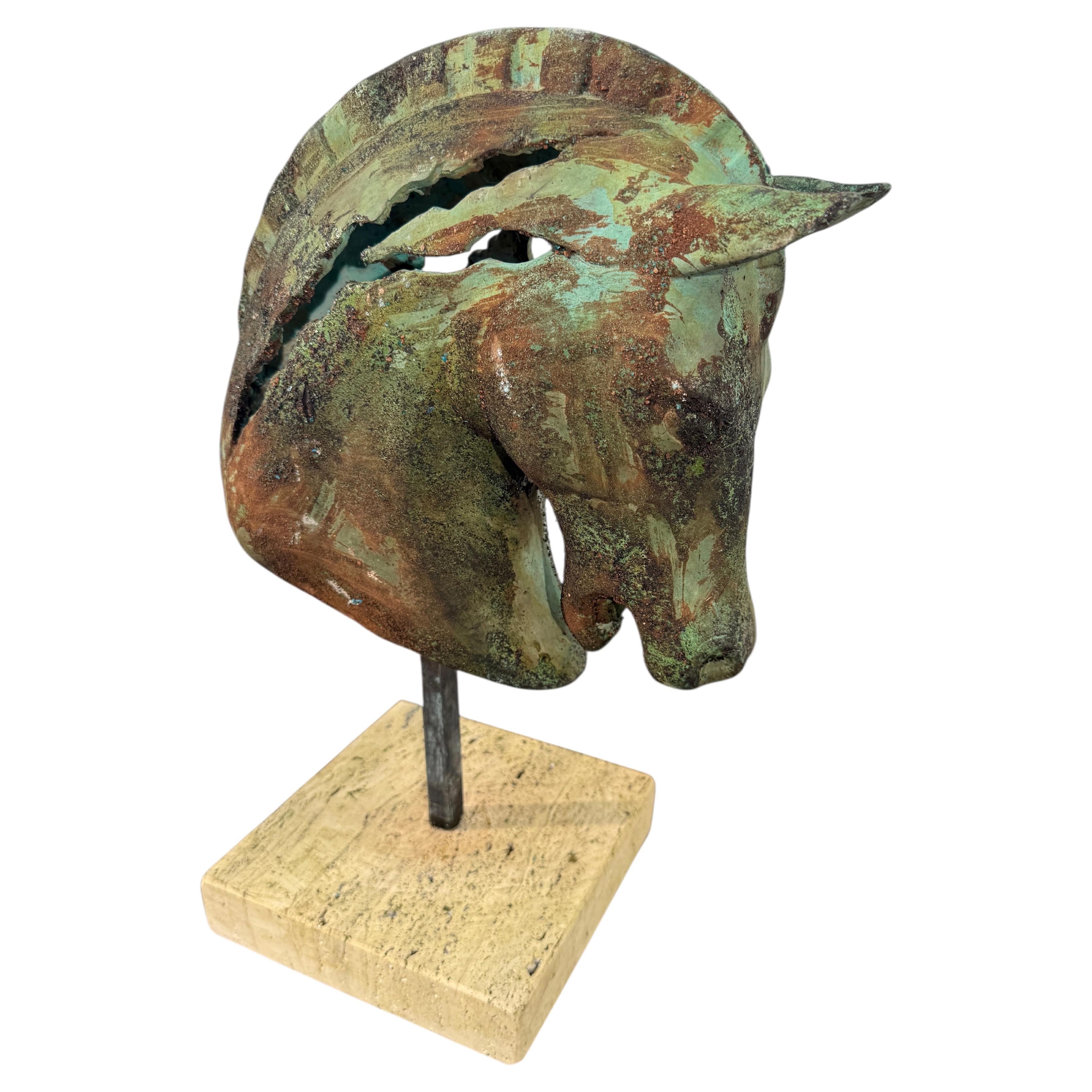 Bronze Horse Head Sculpture on Travertine Base For Sale