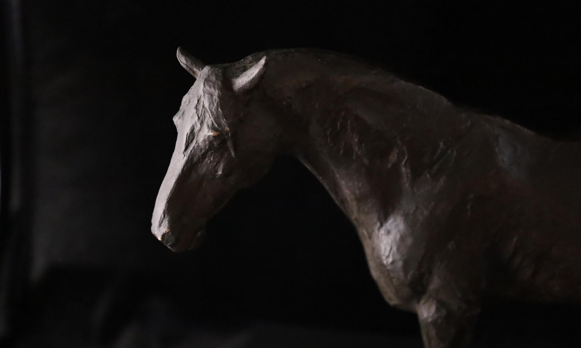 Un'impressionante scultura in bronzo di un cavallo, firmata Takanoshi e datata 1933, che mostra una rappresentazione audace ma contemplativa della forma dell'animale. La superficie è riccamente strutturata, enfatizzando le qualità tattili del bronzo