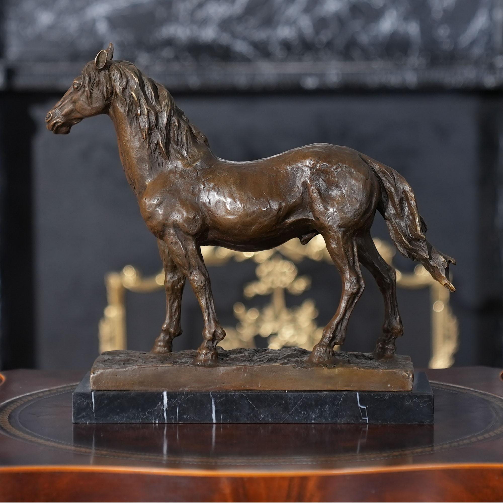 Graceful even when standing still the Bronze Horse Standing on Marble Base is a striking addition to any setting. Using traditional lost wax casting methods the horse is created in pieces and then joined together with brazing and hand chaised