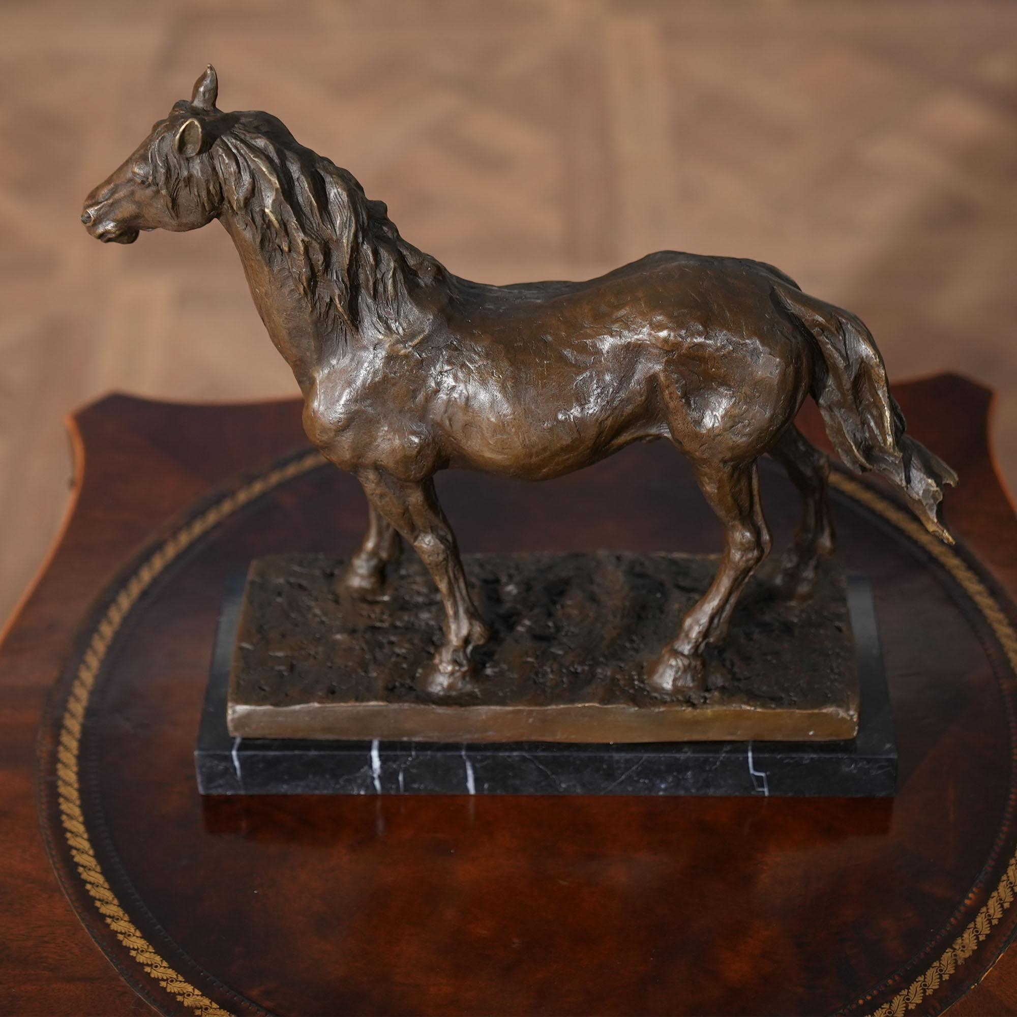 Hand-Crafted Bronze Horse Standing on Marble Base For Sale