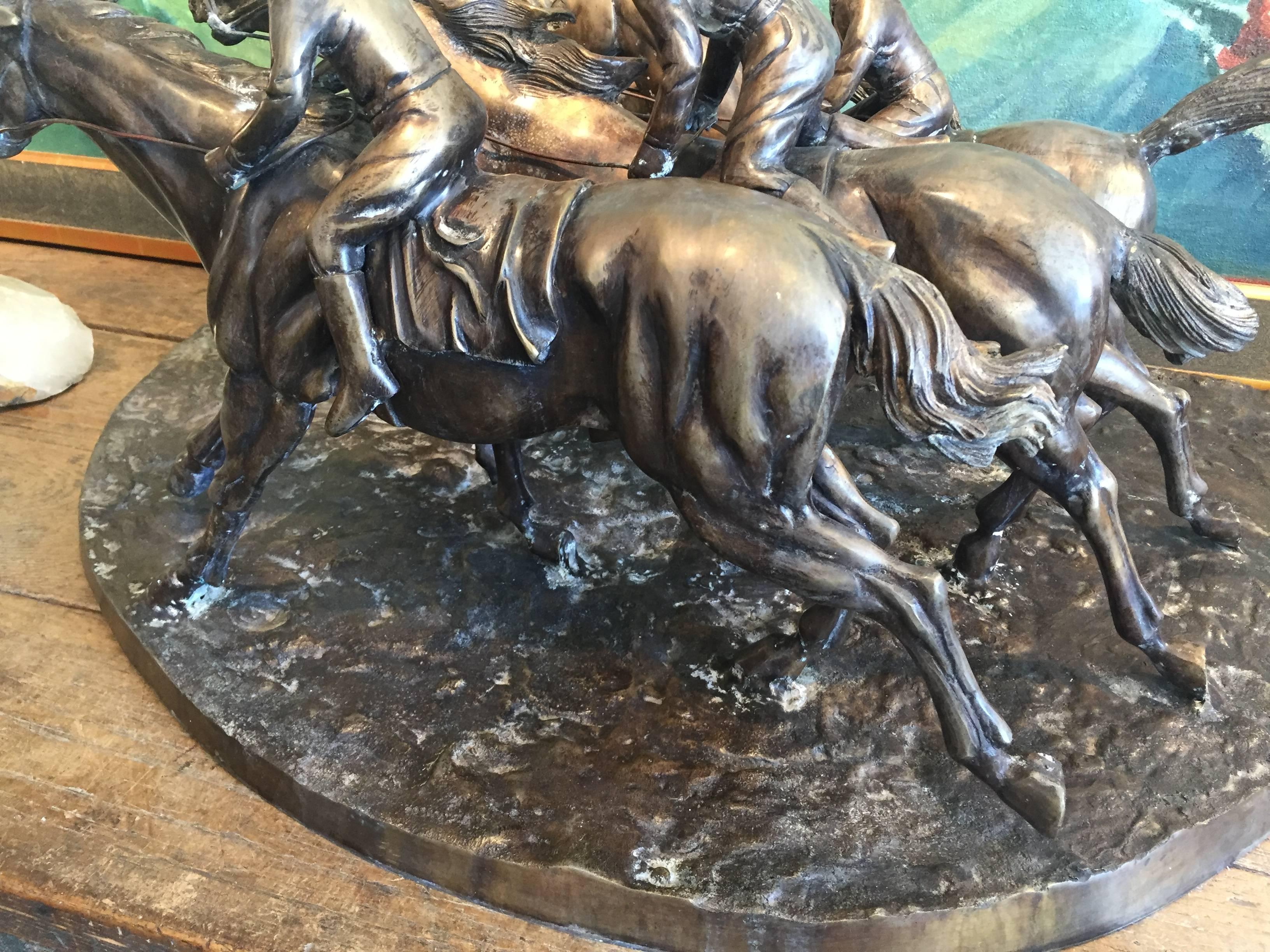 Bronze Horses in a Race with Jockeys In Excellent Condition For Sale In North Beninngton, VT