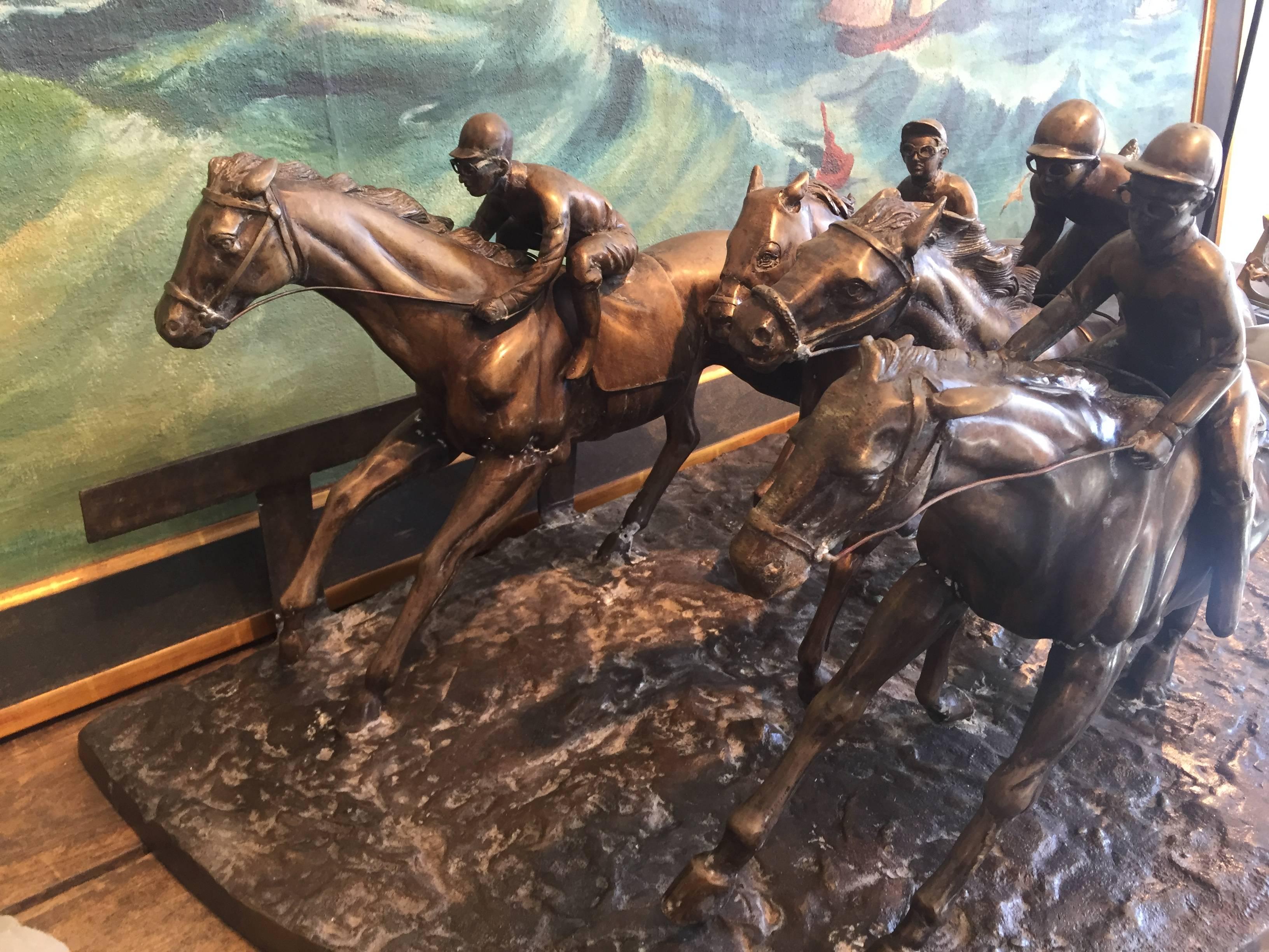 Bronze Horses in a Race with Jockeys For Sale 3