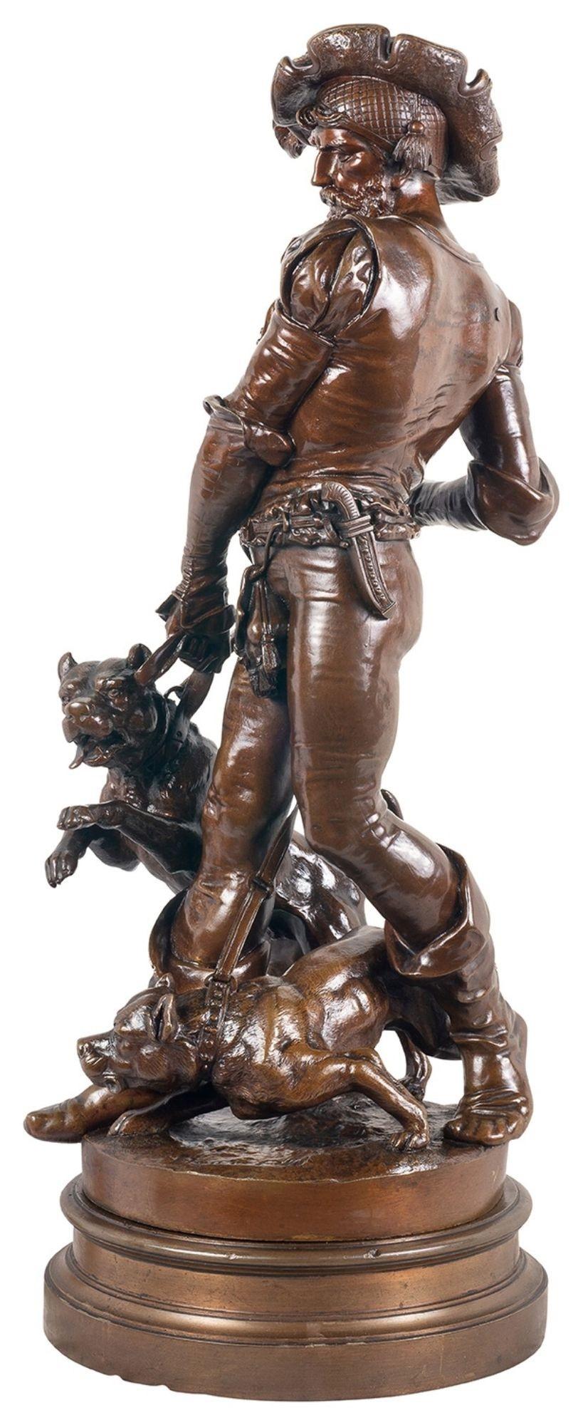Eine sehr dramatische Bronzestatue, die einen Hundemann aus dem 19. Jahrhundert mit seinen beiden Hunden darstellt. Dreht sich auf einem Sockel aus Bronze. Henri Honoré Plé wurde am 8. März 1853 in Paris geboren. Er starb in der gleichen Stadt am
