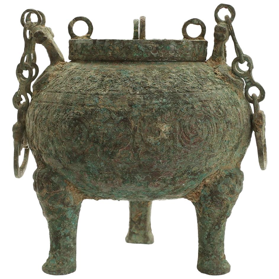 Bronze Hu Ceremonial Vessel Chinese Han Dynasty with Cover
