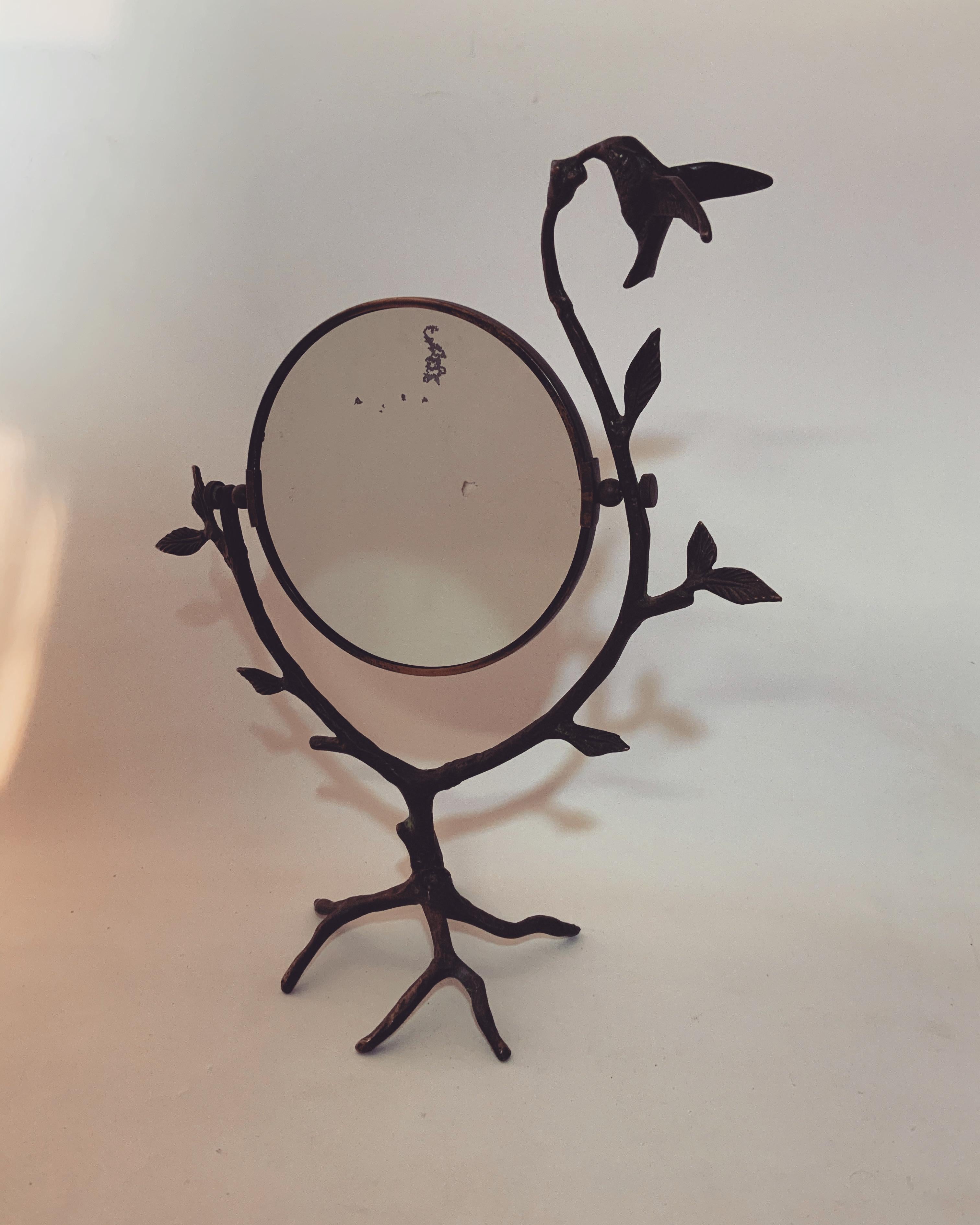 Mid-Century Modern Bronze Hummingbird and Arboriform Mirror