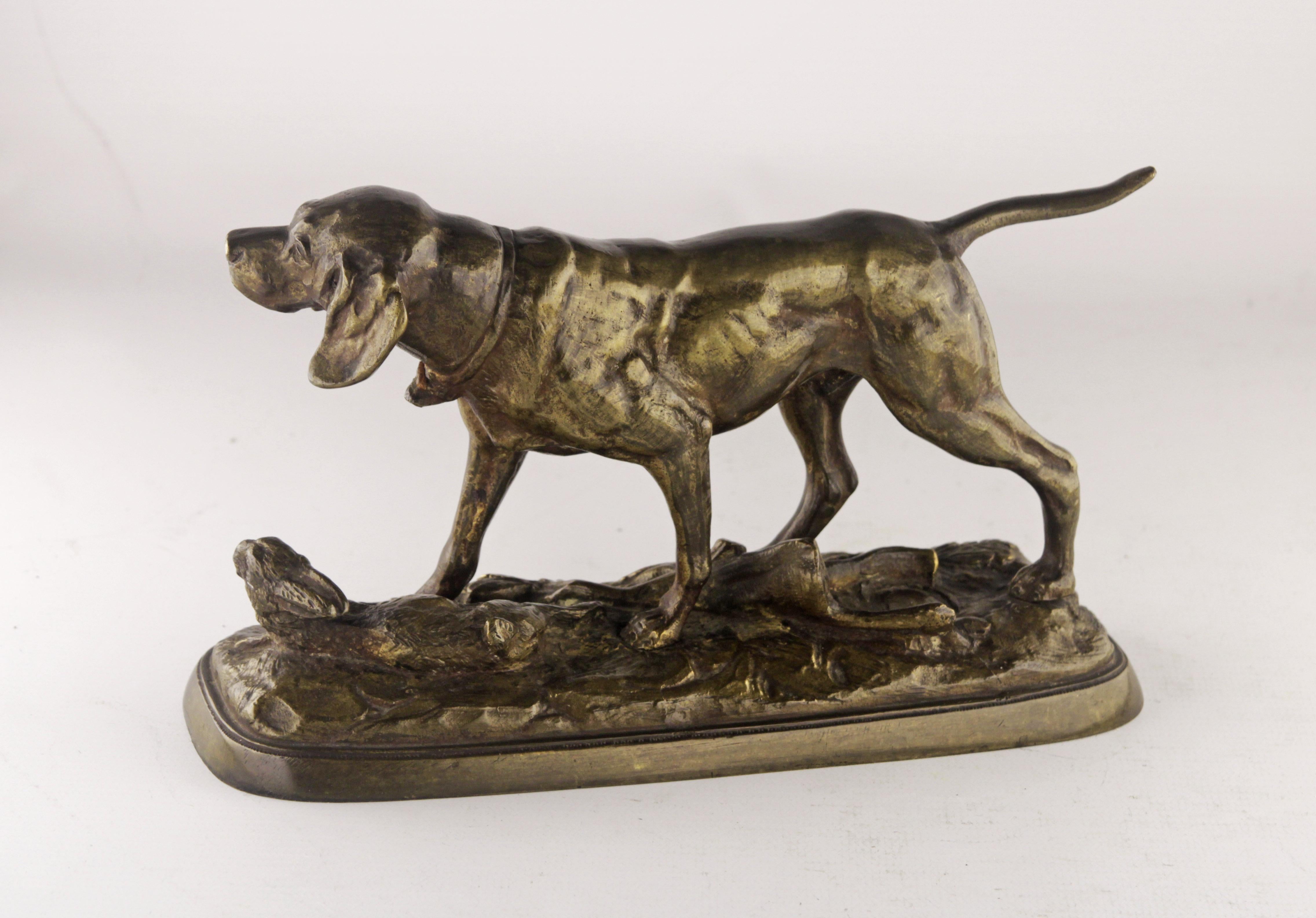 Neoclassical Bronze hunting dog and hare sculpture