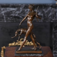 Bronze Huntress with Dog on Marble Base