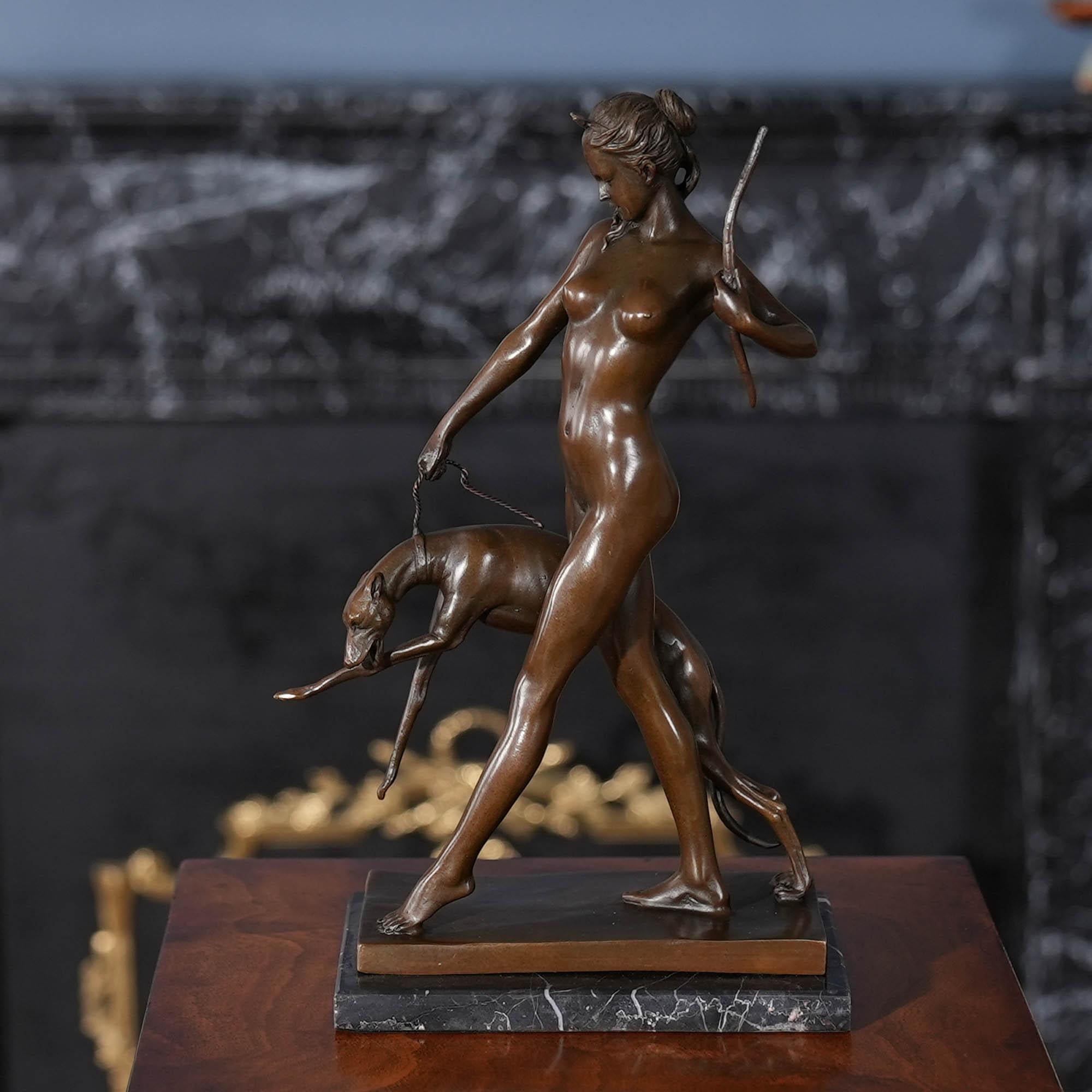 Hand-Crafted Bronze Huntress with Dog on Marble Base For Sale