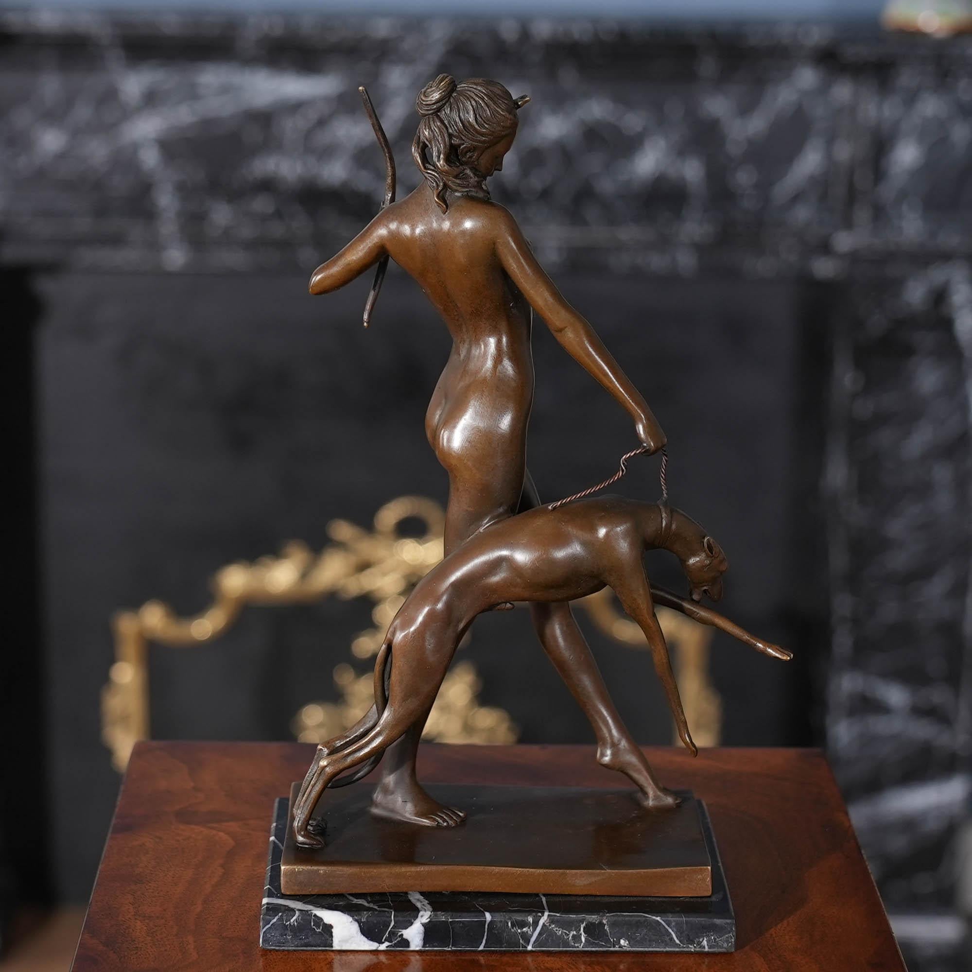 Bronze Huntress with Dog on Marble Base For Sale 4