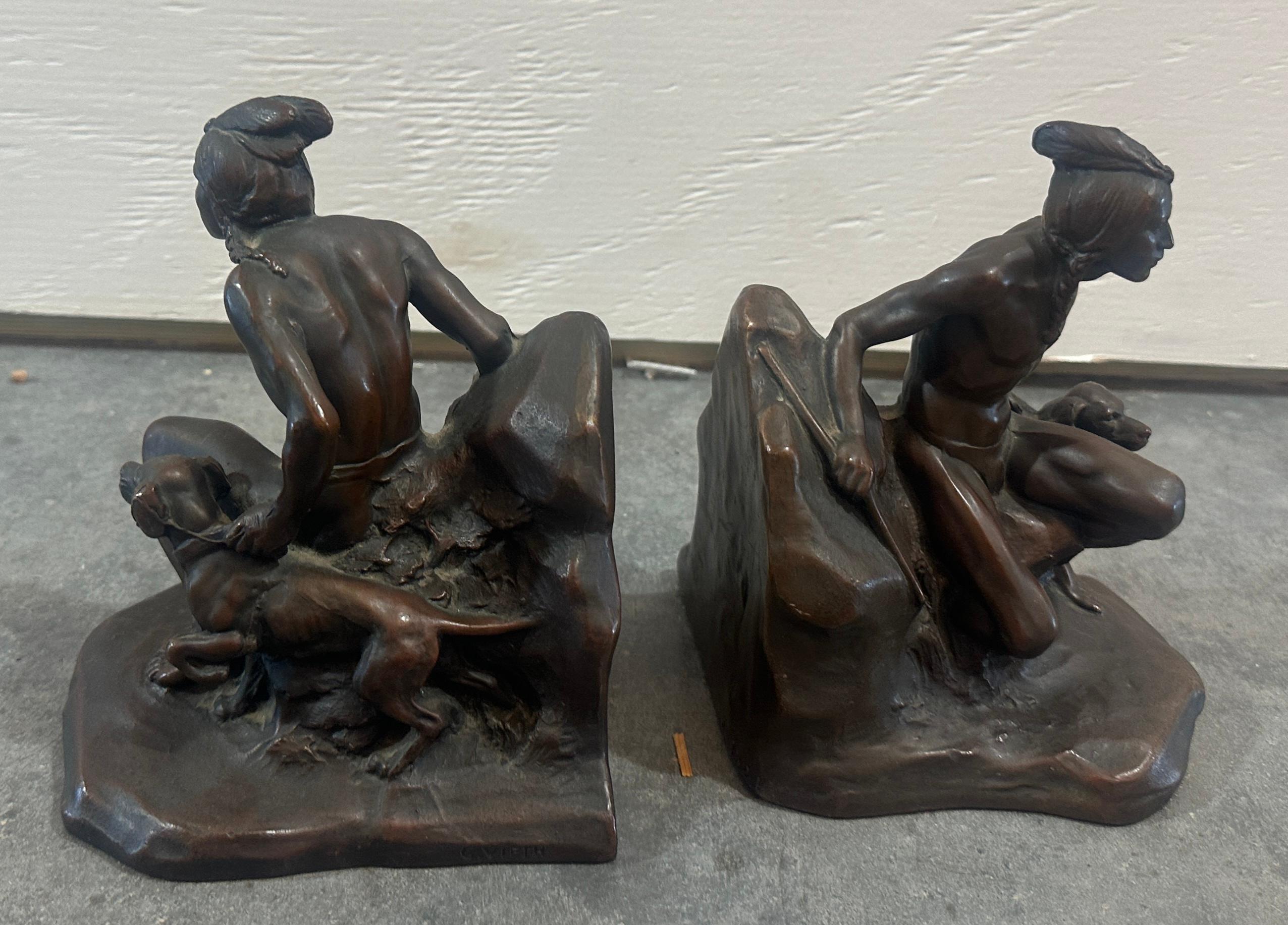 Bronze Indian & Dog Book Ends -Pair In Good Condition For Sale In Los Angeles, CA