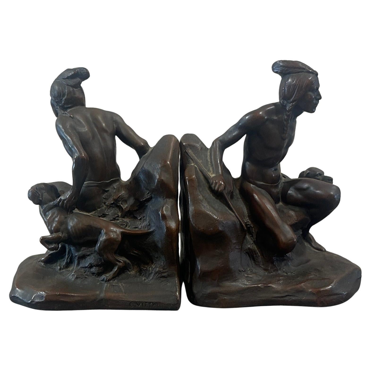 Bronze Indian & Dog Book Ends -Pair For Sale
