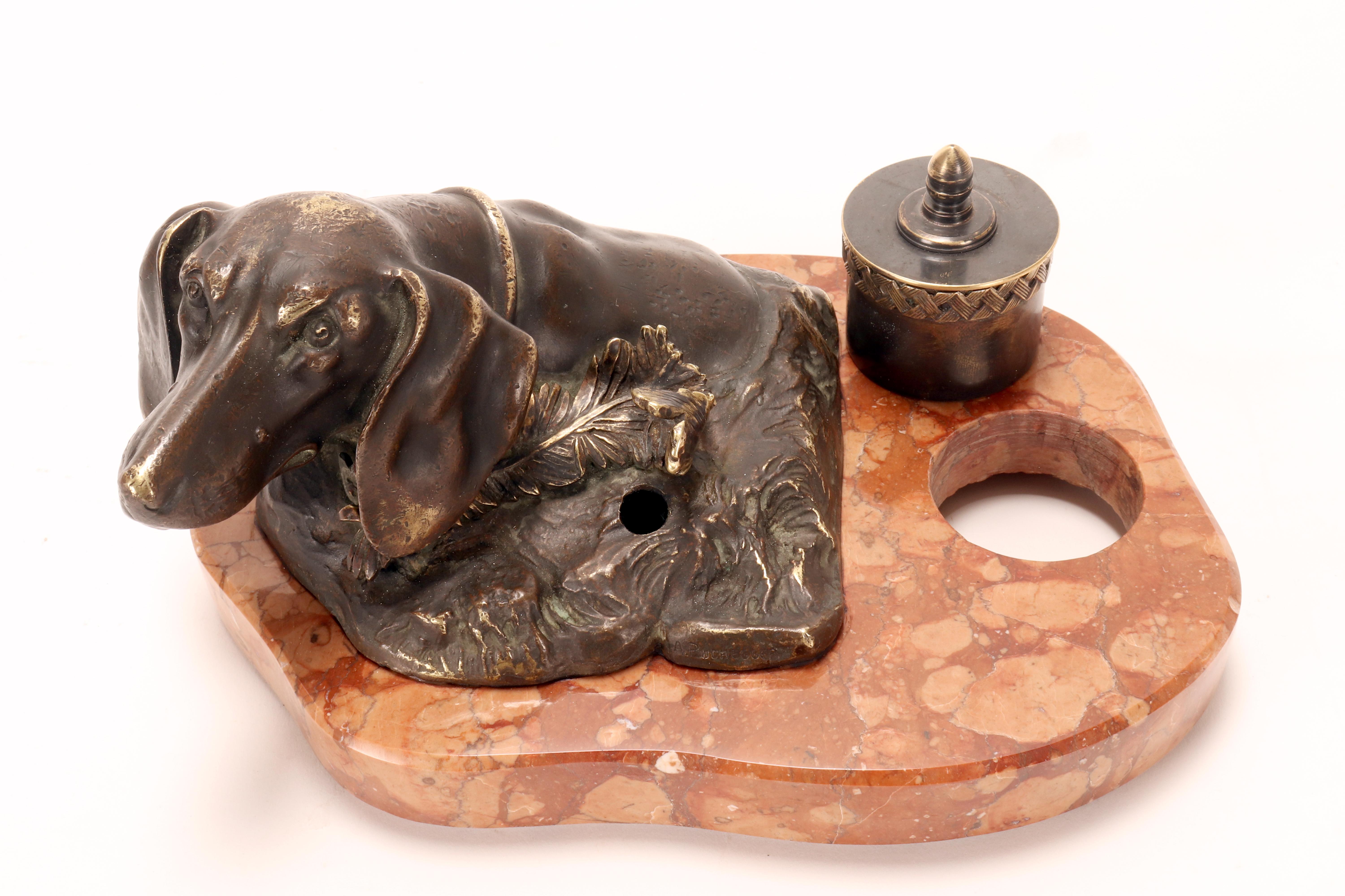 Tintenfass und Federhalter aus Bronze, Dackel, von Anton Puchegger, Österreich 1890 im Angebot 4