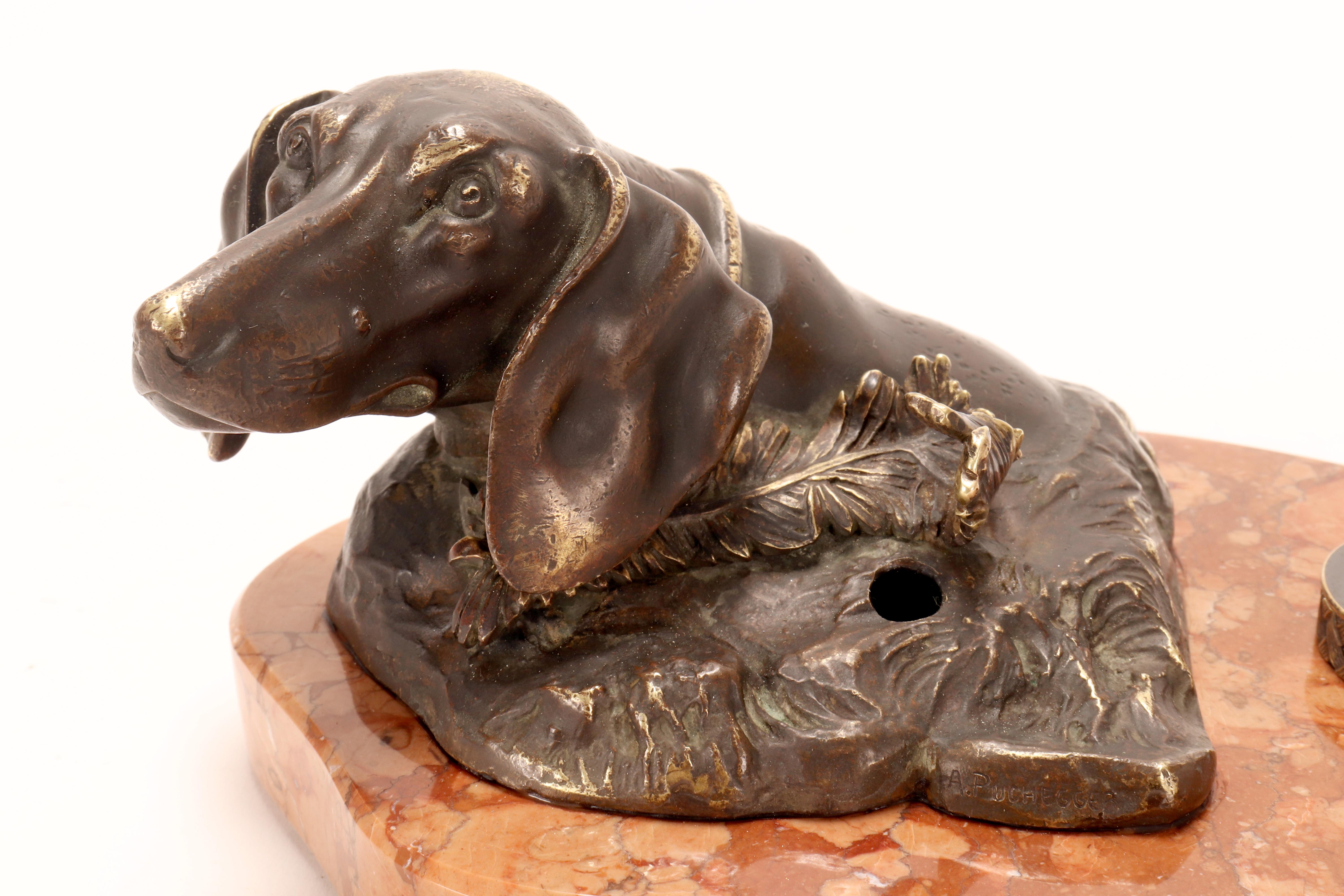 Tintenfass und Federhalter aus Bronze, Dackel, von Anton Puchegger, Österreich 1890 im Angebot 5