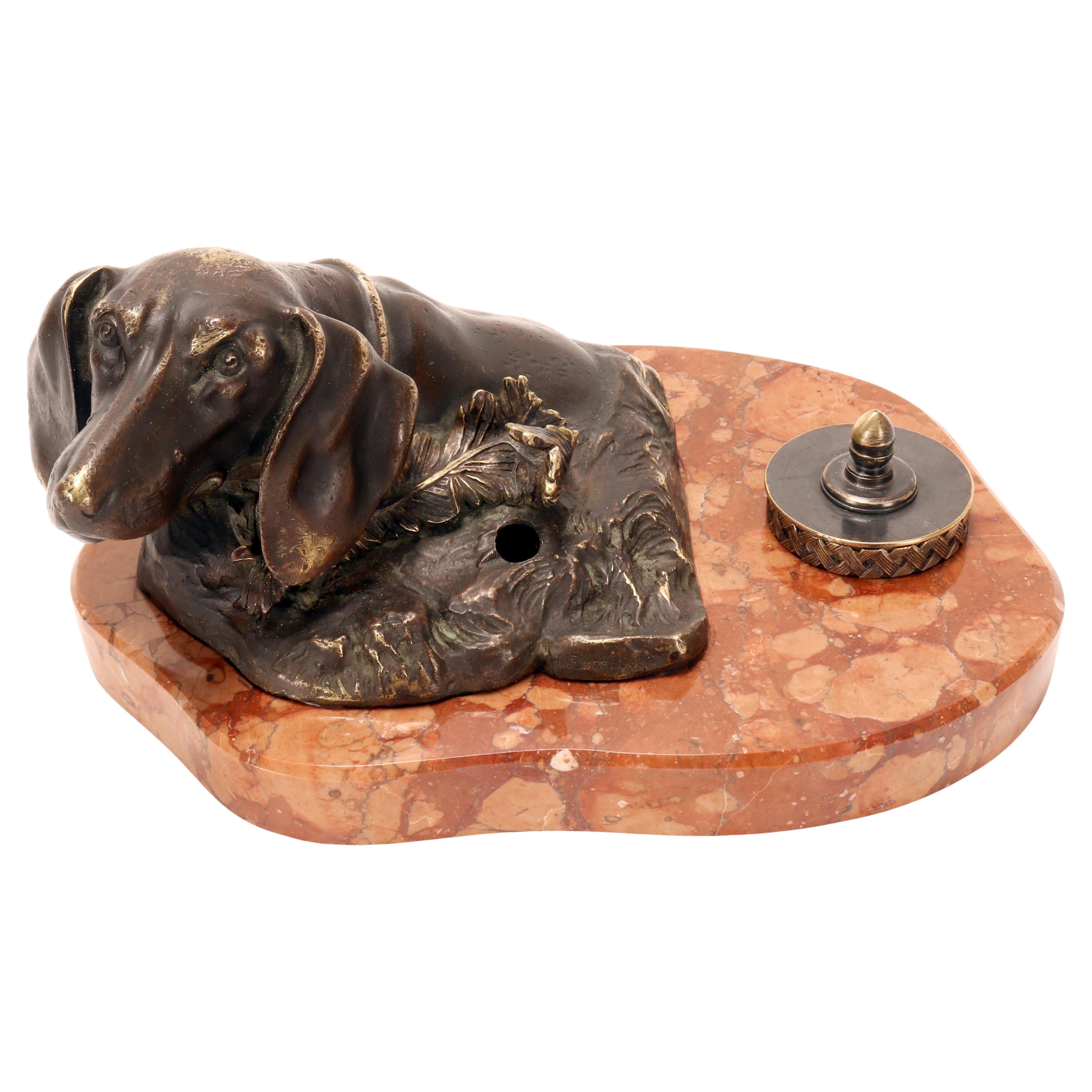 Bronze inkwell and pen holder, a dachshund dog, by Anton Puchegger, Austria 1890