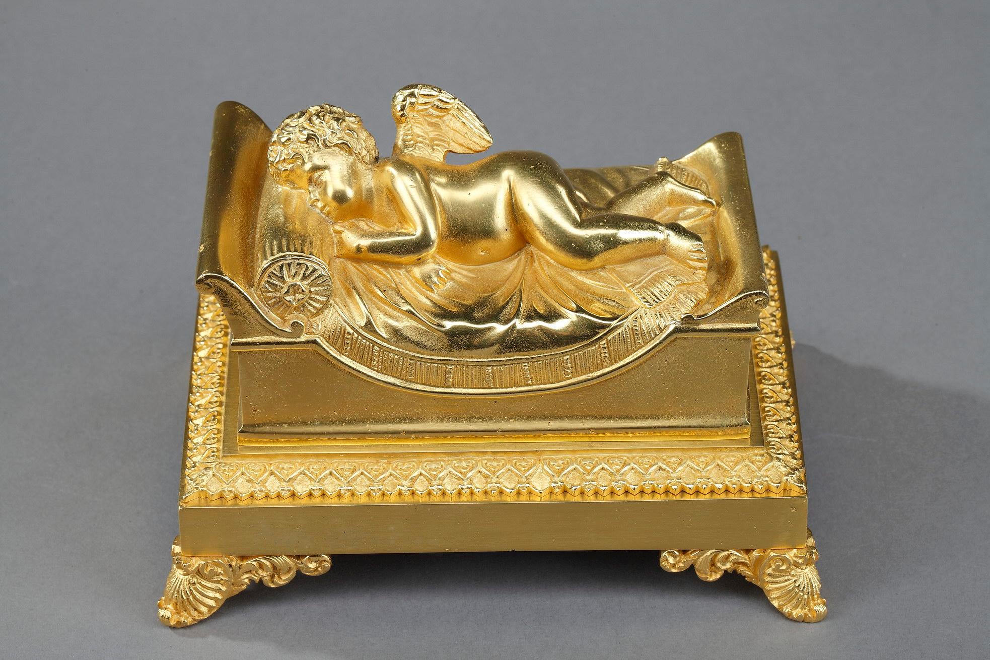 French Bronze Inkwell of a Sleeping Putto For Sale