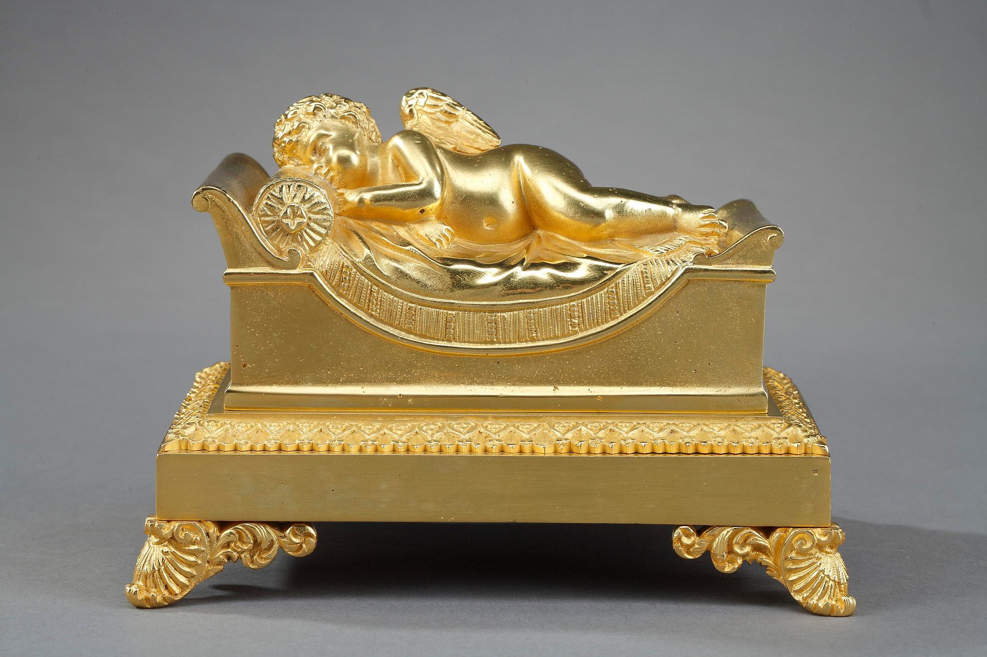 Gilt Bronze Inkwell of a Sleeping Putto For Sale