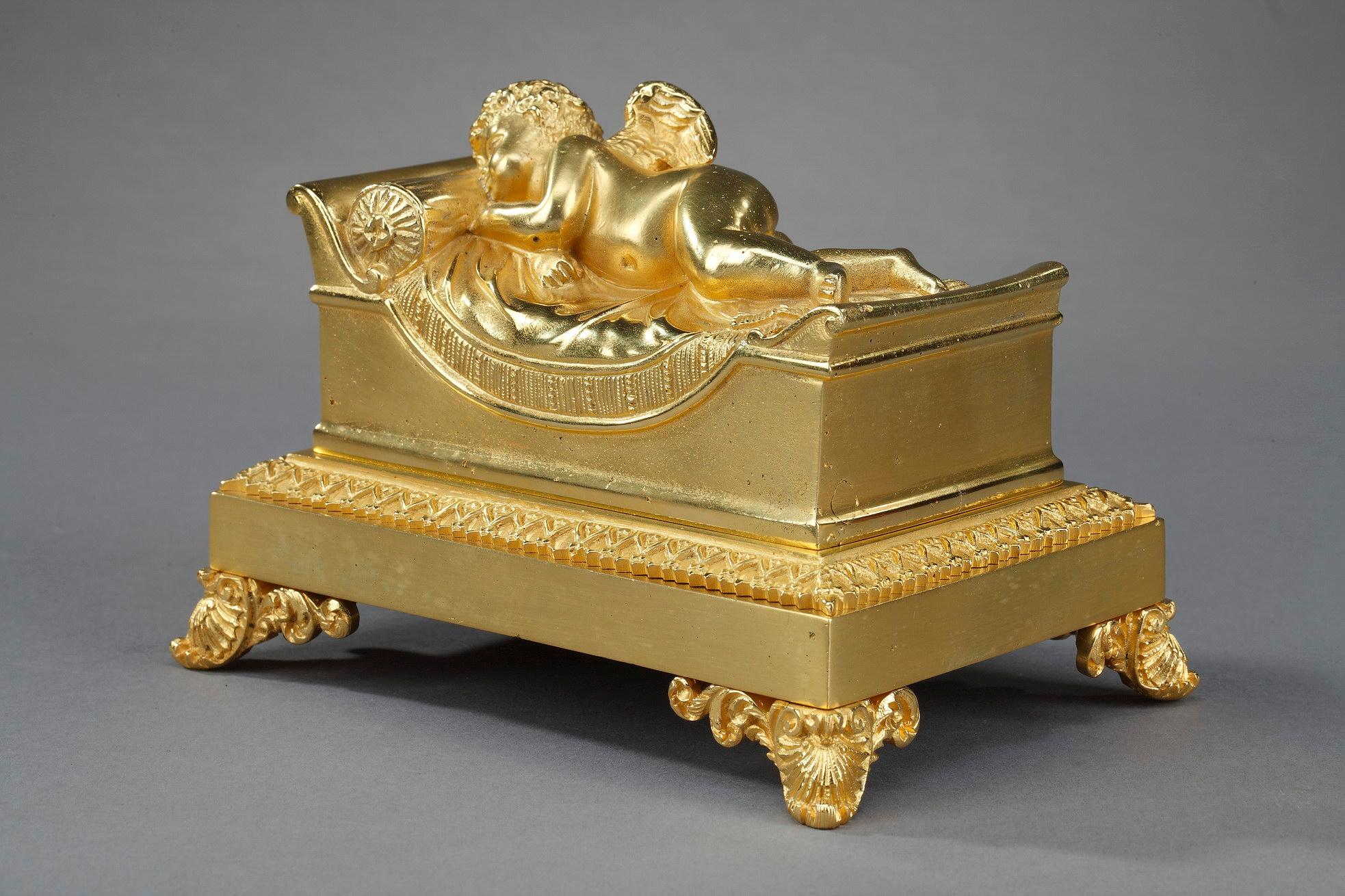Mid-19th Century Bronze Inkwell of a Sleeping Putto For Sale
