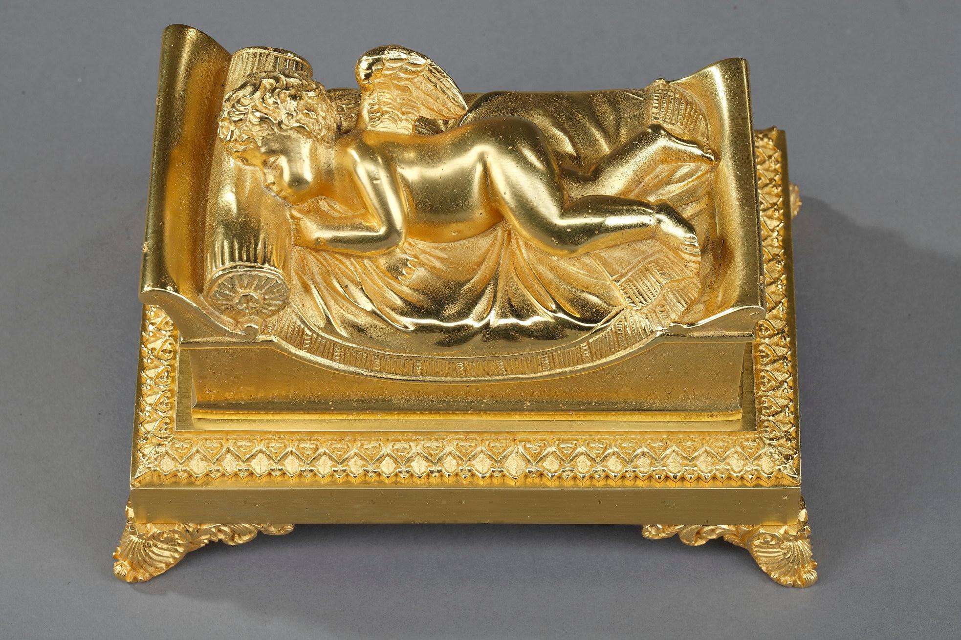 Bronze Inkwell of a Sleeping Putto For Sale 1