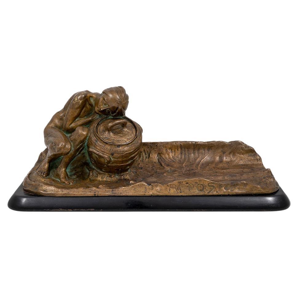 Bronze Inkwell "Repos" Gustav Gurschner ca. 1900 Austrian Art Nouveau Jugendstil For Sale