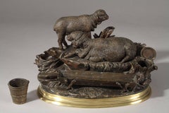 Bronze Inkwell Sculpture "Les Moutons à L'abreuvoir" by Jules Moigniez