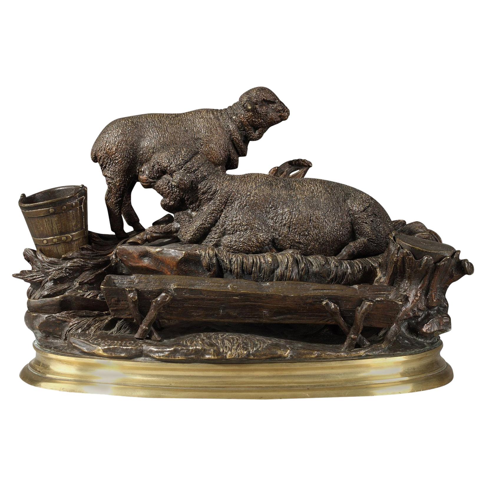 Sculpture en encrier en bronze "Les Moutons à L'abreuvoir" par Jules Moigniez
