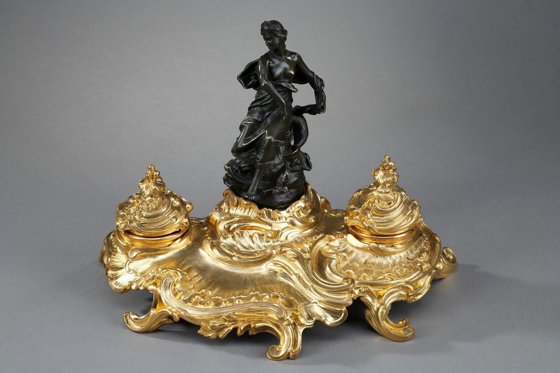 Art Nouveau Bronze Inkwell with a Goddess in the Antique Style