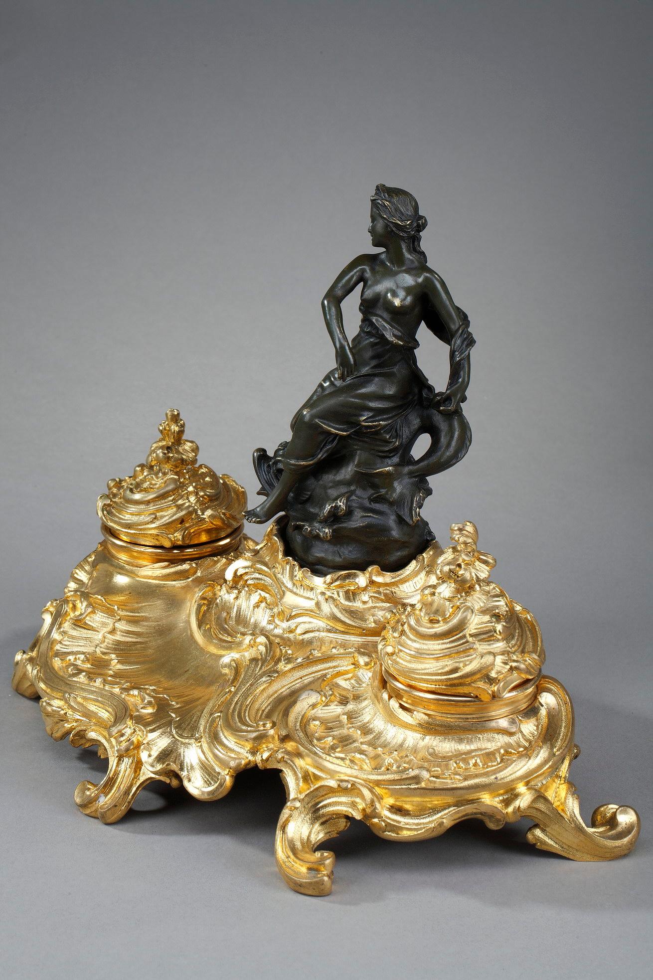 Gilt Bronze Inkwell with a Goddess in the Antique Style