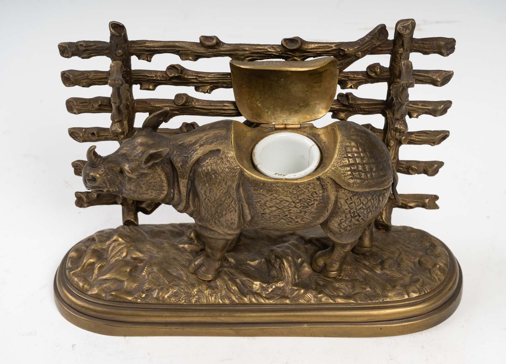 20th Century Bronze Inkwell with Rhinoceros