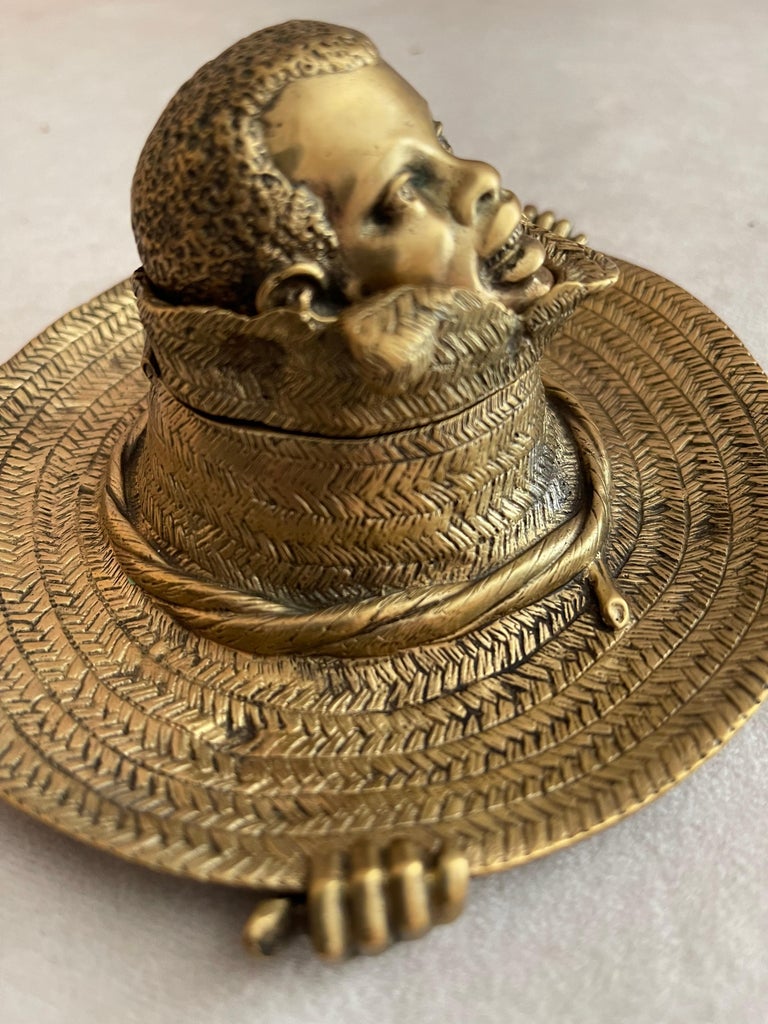 Bronze Inkwell, Young Black Boy Straw Hat, Black Americana, ca. 1900 In Excellent Condition In Petaluma, CA