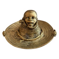 Antique Bronze Inkwell, Young Black Boy Straw Hat, Black Americana, ca. 1900