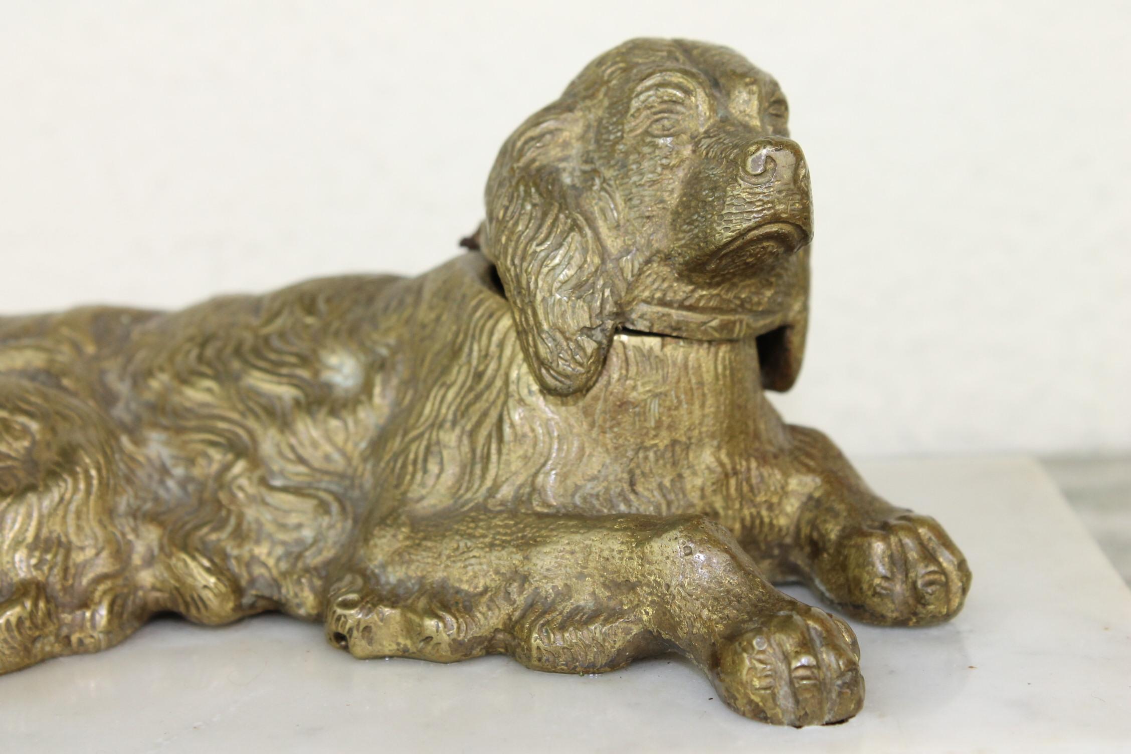 European Bronze Irish Setter Dog Inkwell on Marble Base, Art Deco, 1930s