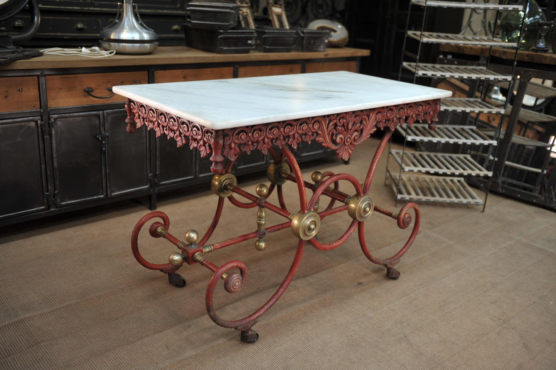 Iron and bronze Butcher's work or center Table original red color and marble in very good condition , France circa 1900