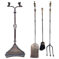 Bronze & Iron Fire Tools Set with Stand, in the Style of Yellen, circa 1900