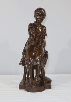 Bronze sculpture “Seated Young Girl”, by A. Massoulle – Late 19th century