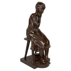 Sculpture en bronze Jeune fille assise, par A. Massoulle - Fin du XIXe siècle