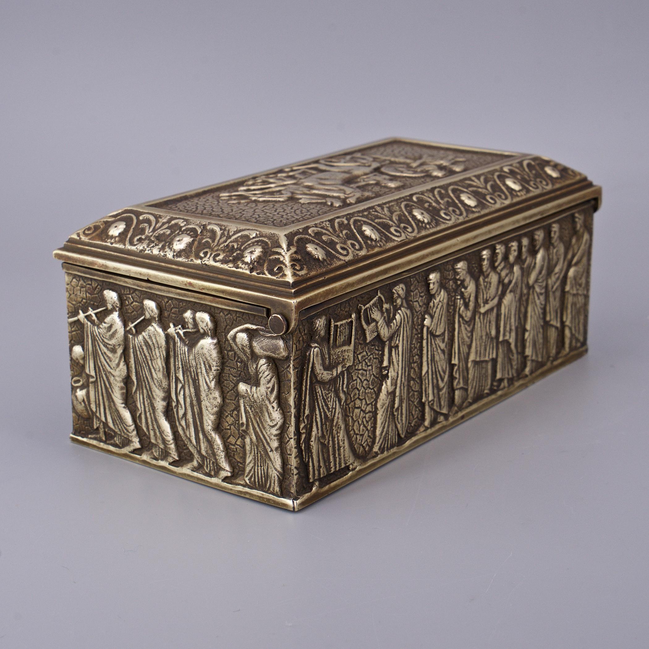 Bronze Jewelry Box Ancient Sarcophagus Reliefs Greek Roman Caesar Gladiator For Sale 1