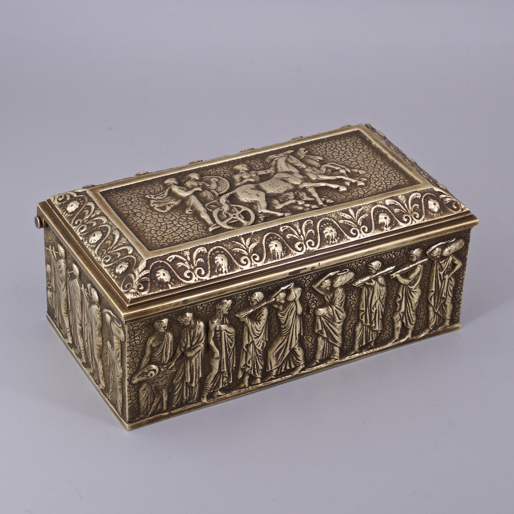 Greek Revival Bronze Jewelry Box Ancient Sarcophagus Reliefs Greek Roman Caesar Gladiator For Sale