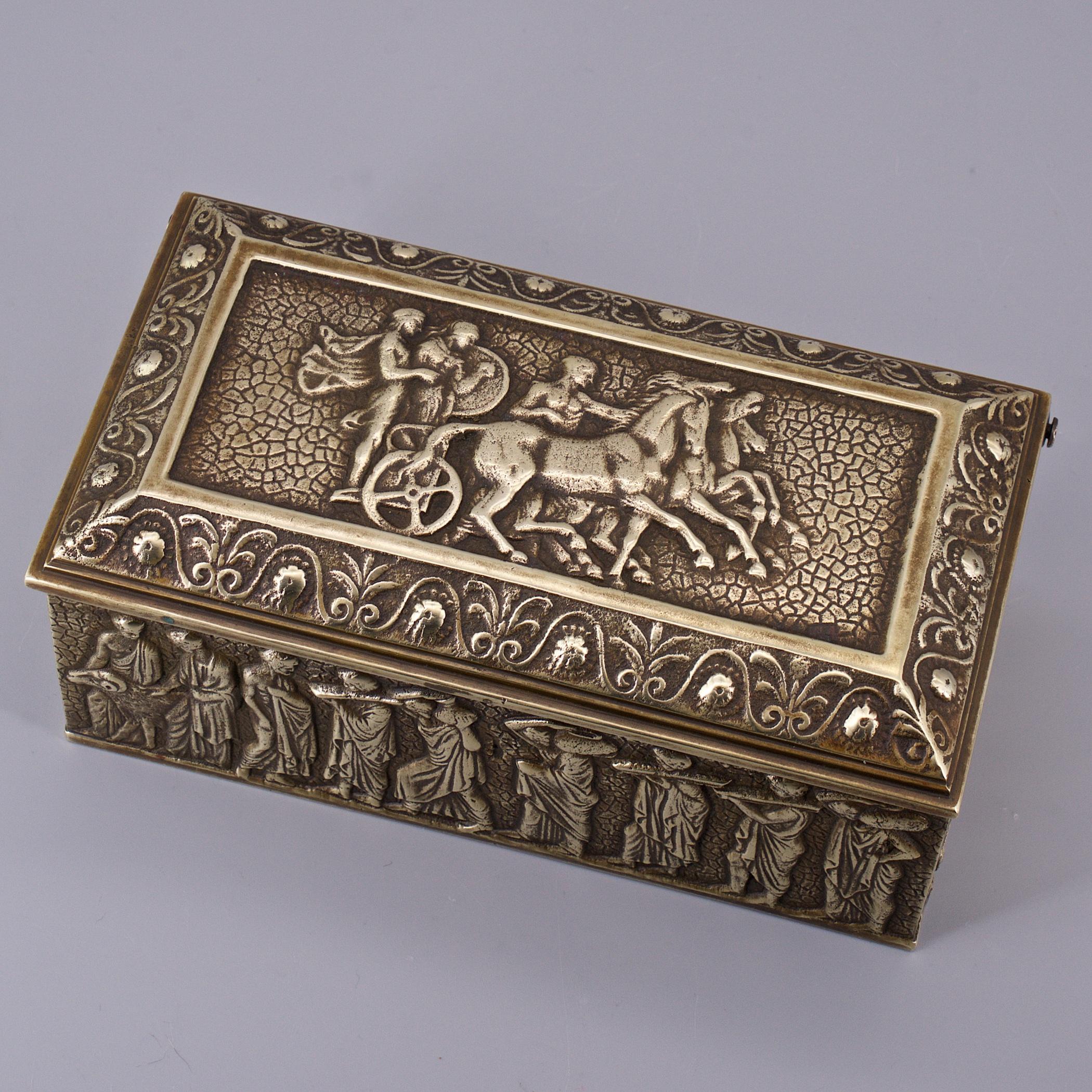 Italian Bronze Jewelry Box Ancient Sarcophagus Reliefs Greek Roman Caesar Gladiator For Sale