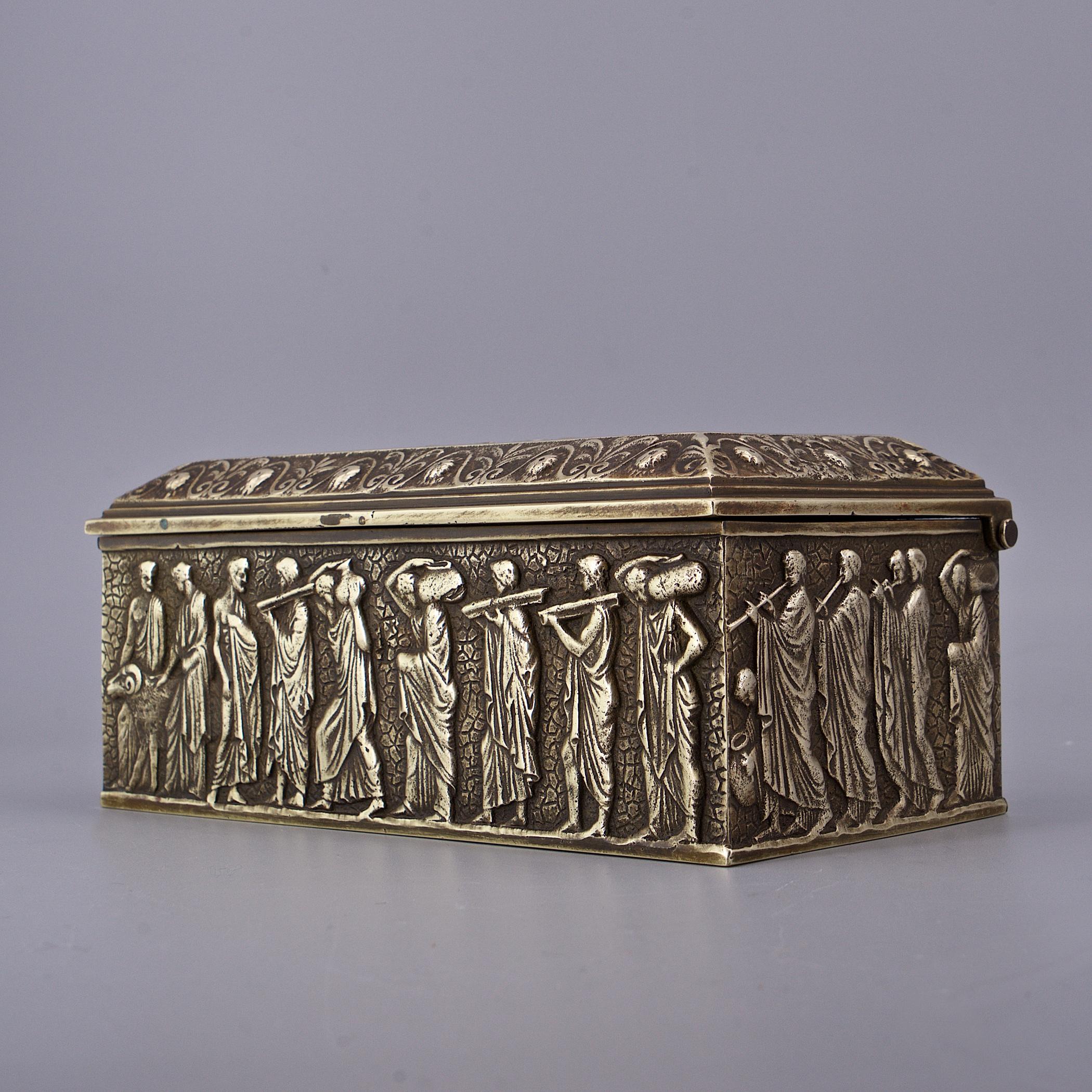 Cast Bronze Jewelry Box Ancient Sarcophagus Reliefs Greek Roman Caesar Gladiator For Sale