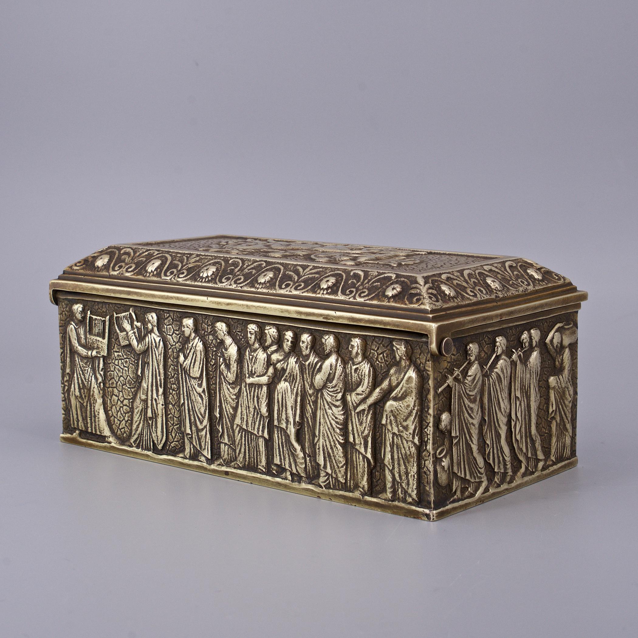 Bronze Jewelry Box Ancient Sarcophagus Reliefs Greek Roman Caesar Gladiator In Good Condition For Sale In Hyattsville, MD