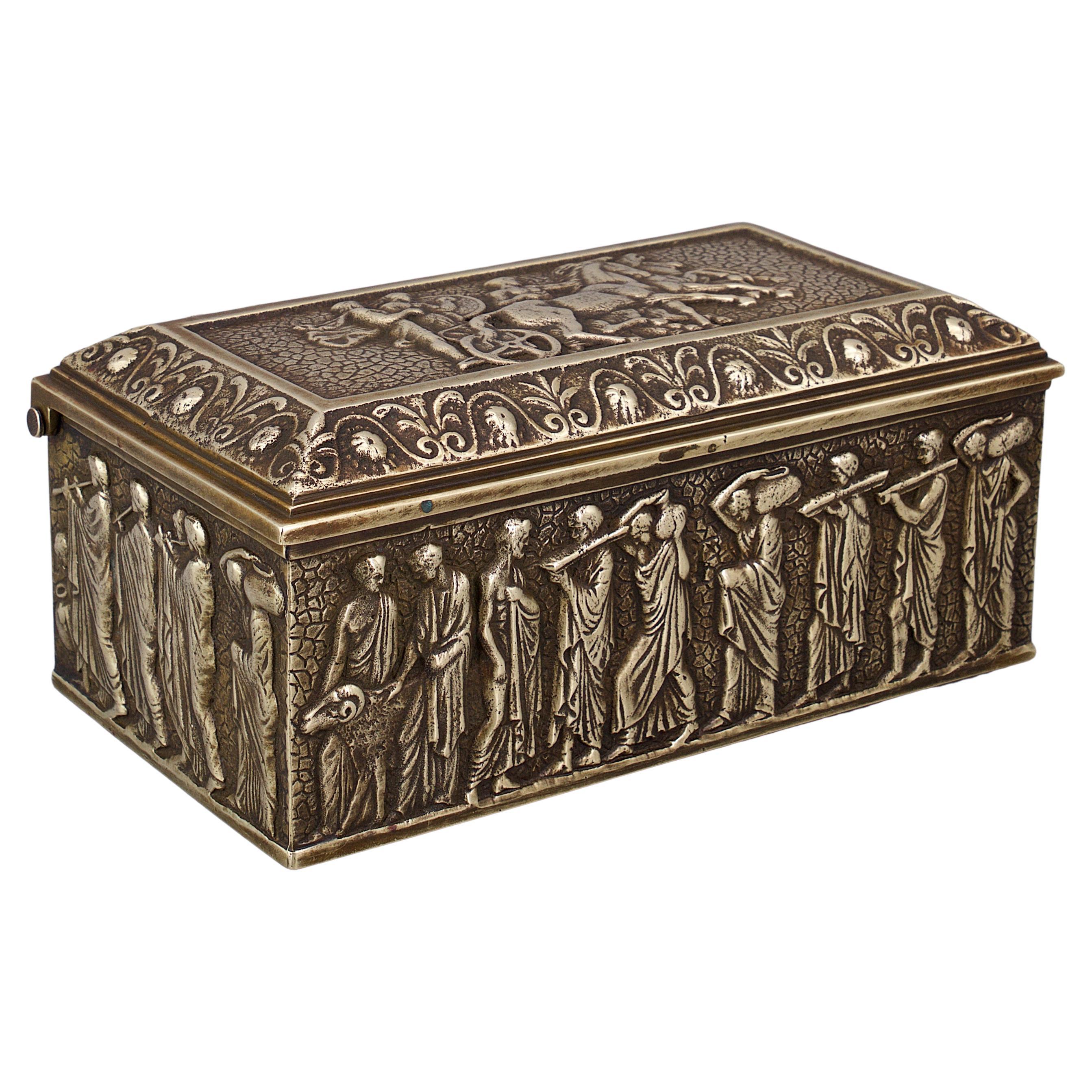 Bronze Jewelry Box Ancient Sarcophagus Reliefs Greek Roman Caesar Gladiator For Sale