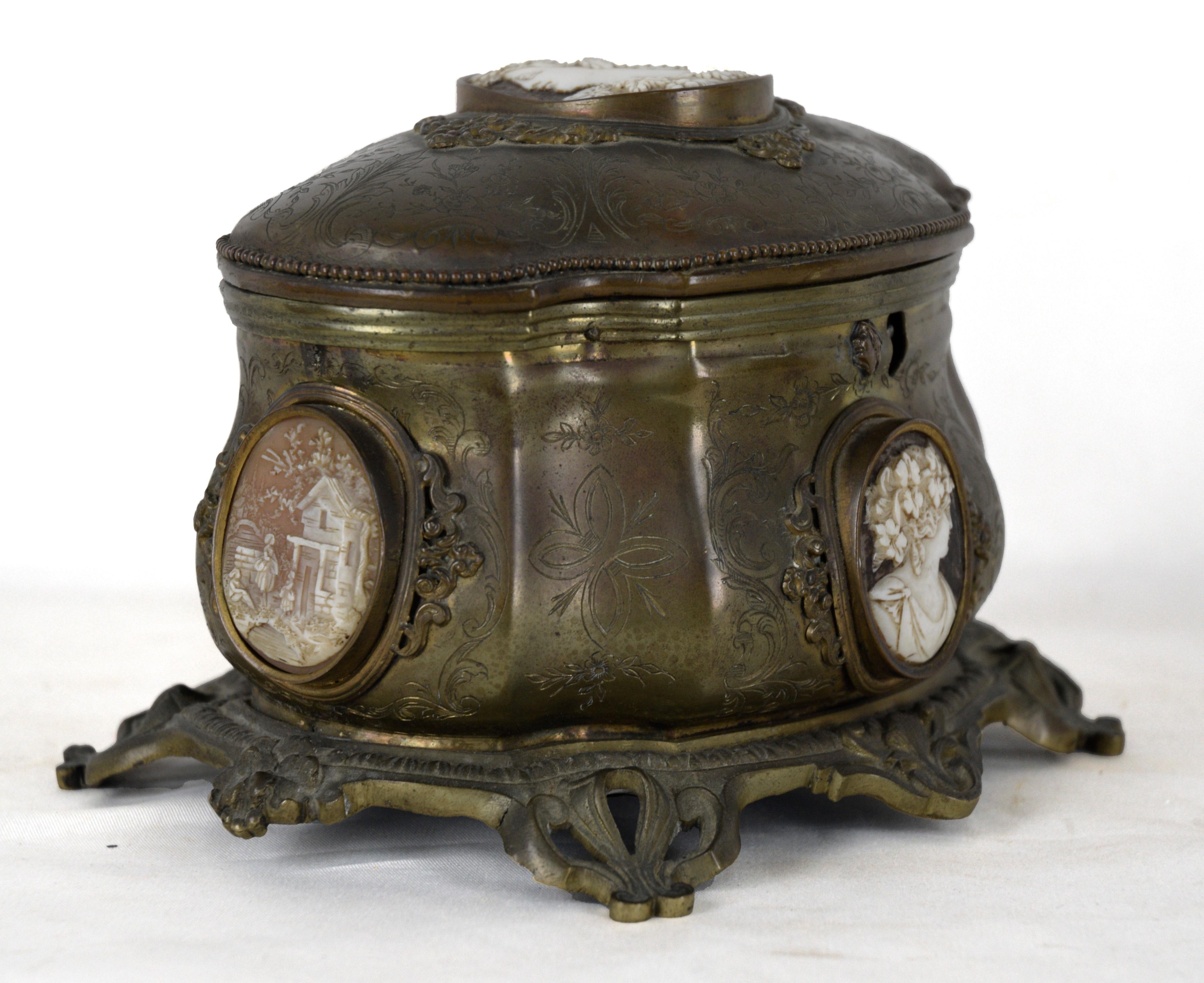 Louis XV Bronze Jewelry-Casket with Ornate Etchings and Cameos Inlaid by Tahan of Paris For Sale