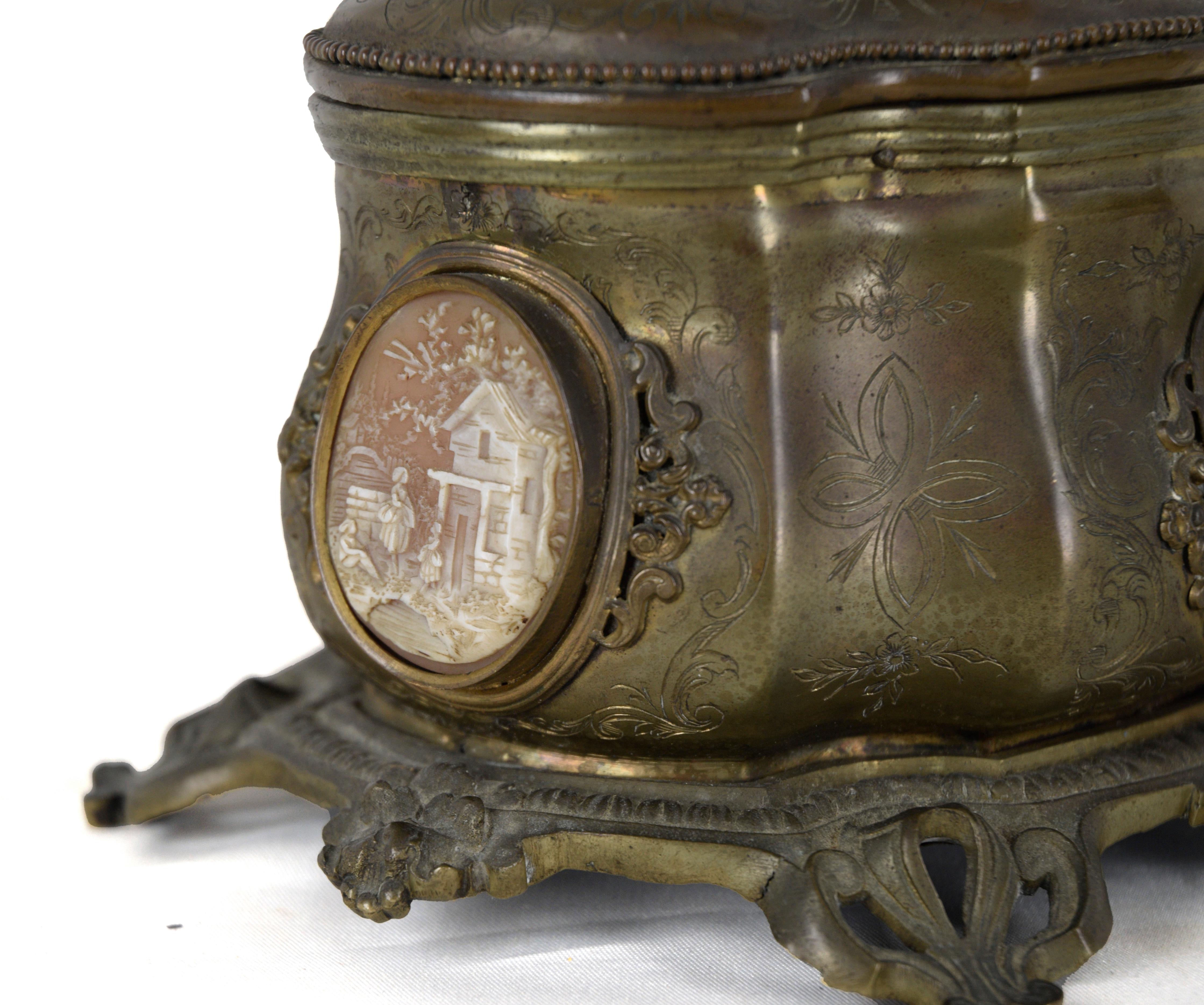 French Bronze Jewelry-Casket with Ornate Etchings and Cameos Inlaid by Tahan of Paris For Sale