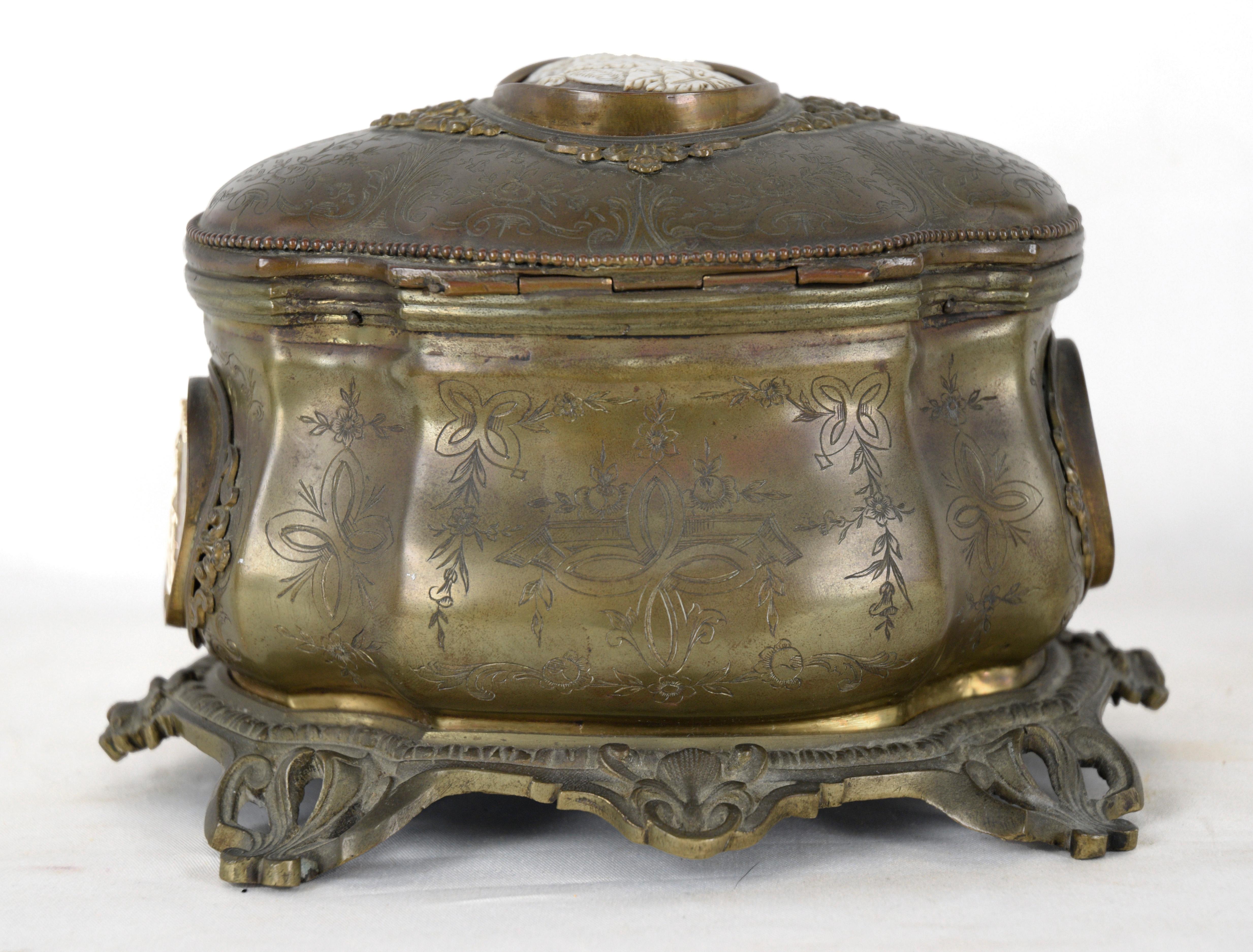 Carved Bronze Jewelry-Casket with Ornate Etchings and Cameos Inlaid by Tahan of Paris For Sale