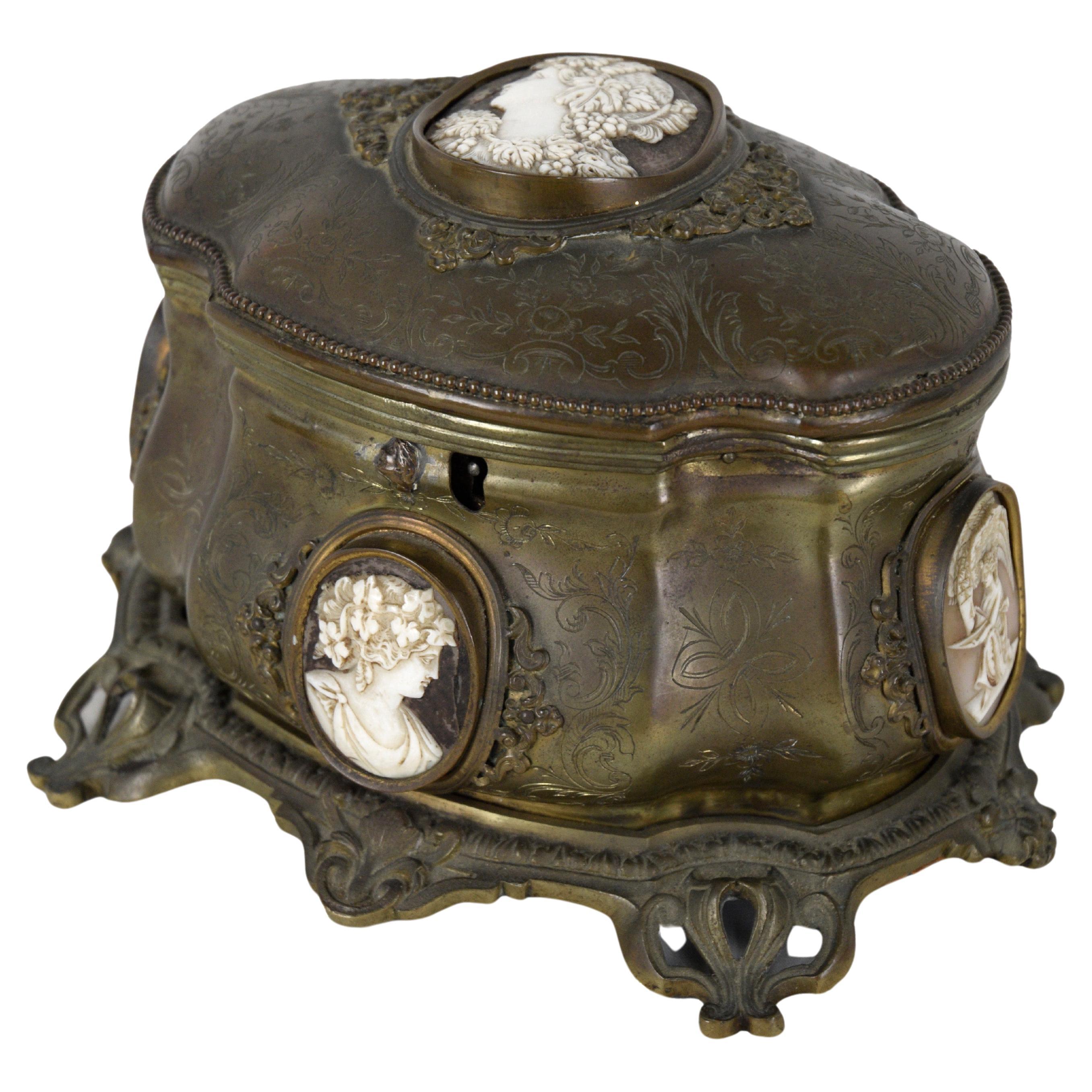 Bronze Jewelry-Casket with Ornate Etchings and Cameos Inlaid by Tahan of Paris For Sale